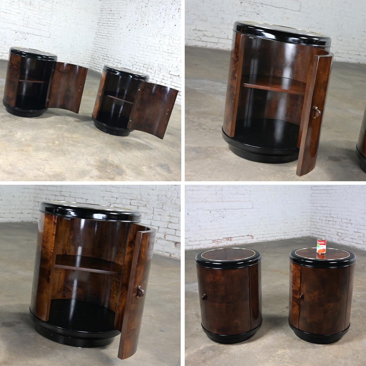 Pair Henredon Modern Black Lacquer & Burl Cylinder End Tables or Nightstands  For Sale 8