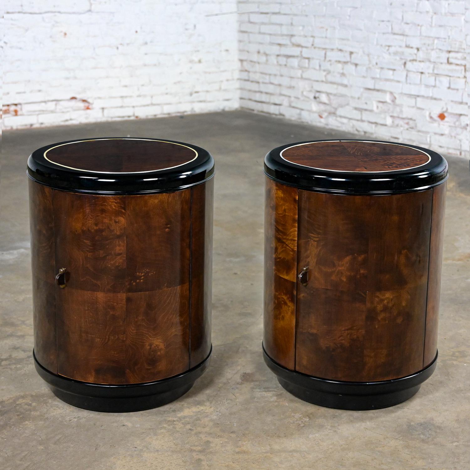 Pair Henredon Modern Black Lacquer & Burl Cylinder End Tables or Nightstands  For Sale 11