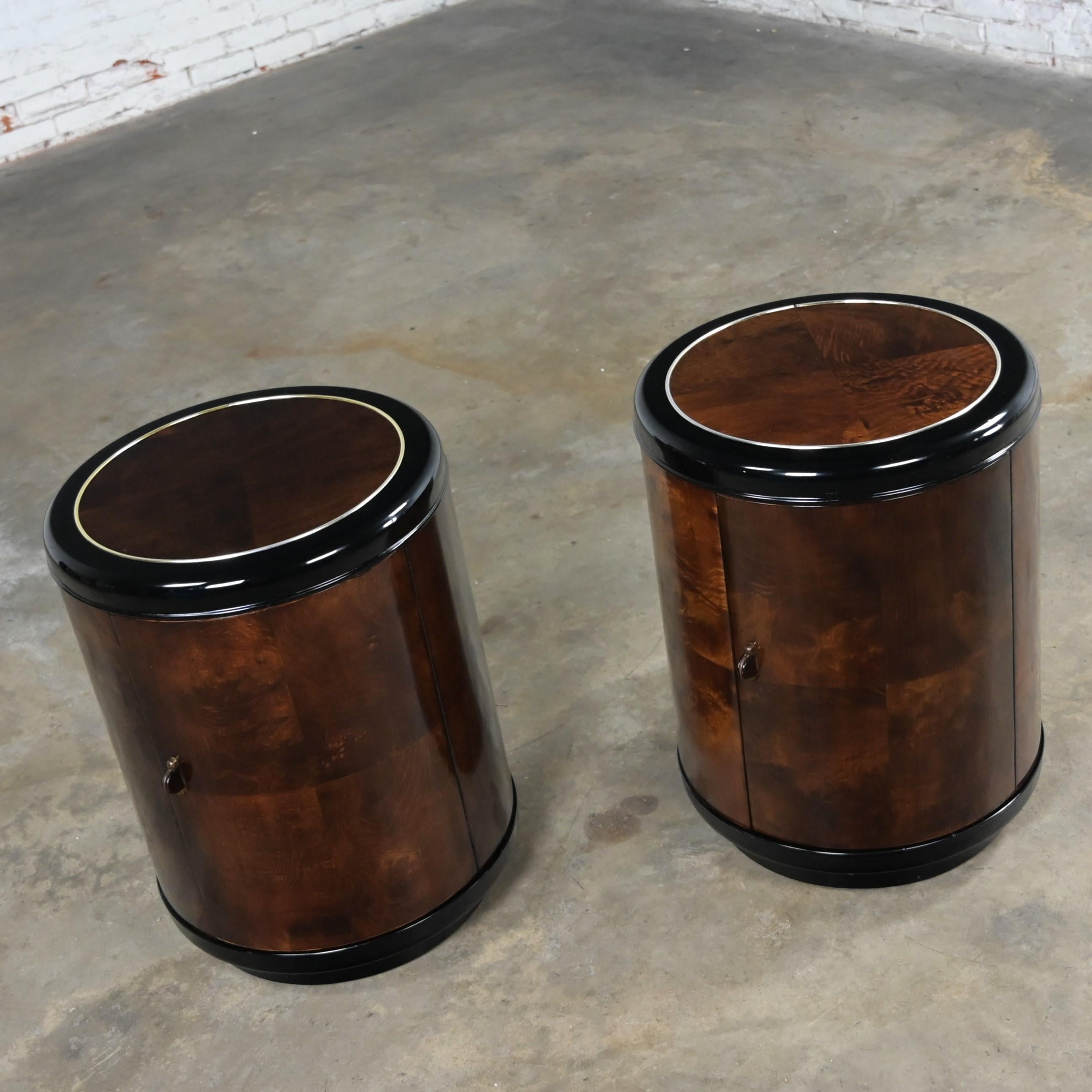 American Pair Henredon Modern Black Lacquer & Burl Cylinder End Tables or Nightstands 
