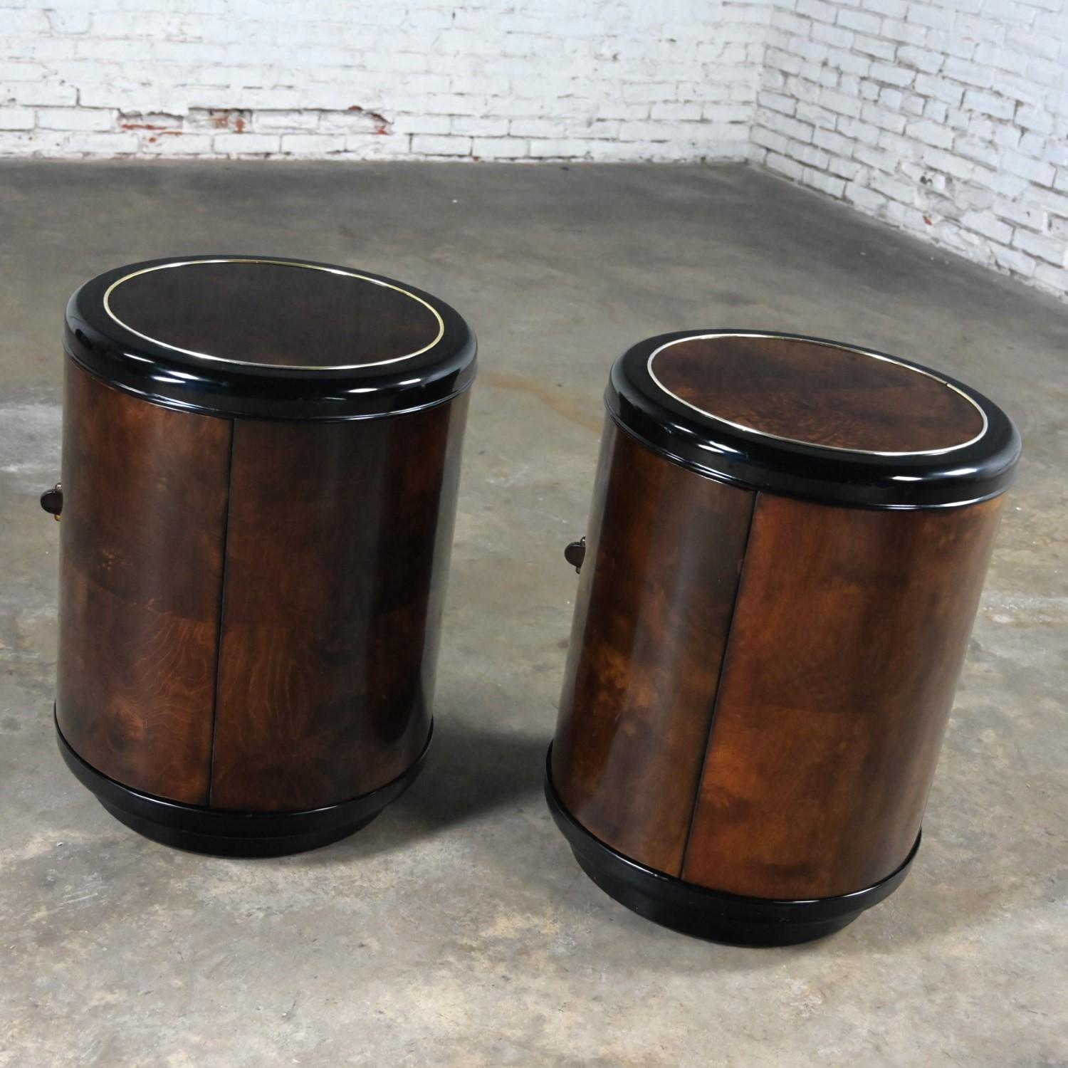 Pair Henredon Modern Black Lacquer & Burl Cylinder End Tables or Nightstands  In Good Condition For Sale In Topeka, KS