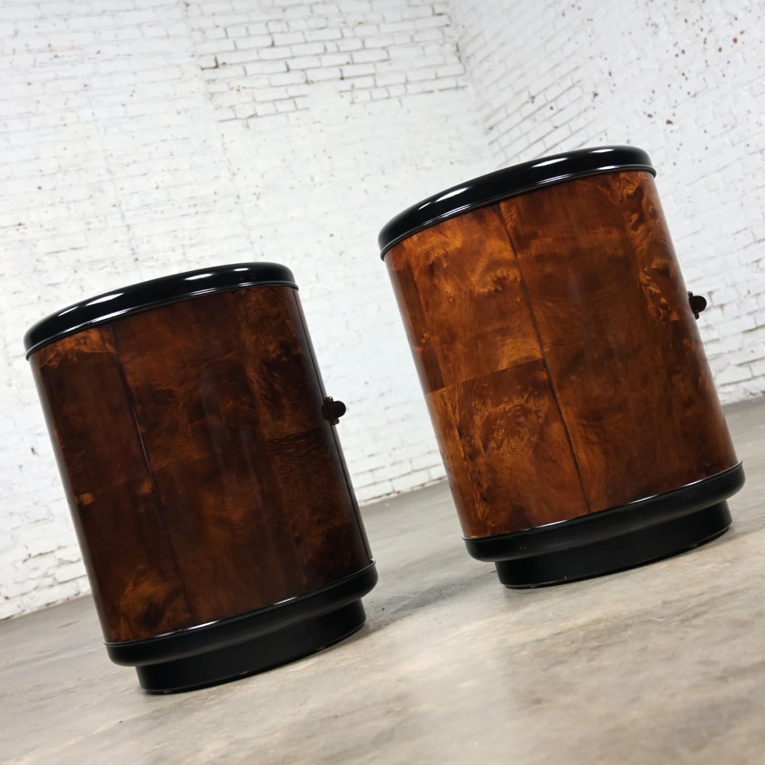 20th Century Pair Henredon Modern Black Lacquer & Burl Cylinder End Tables or Nightstands 