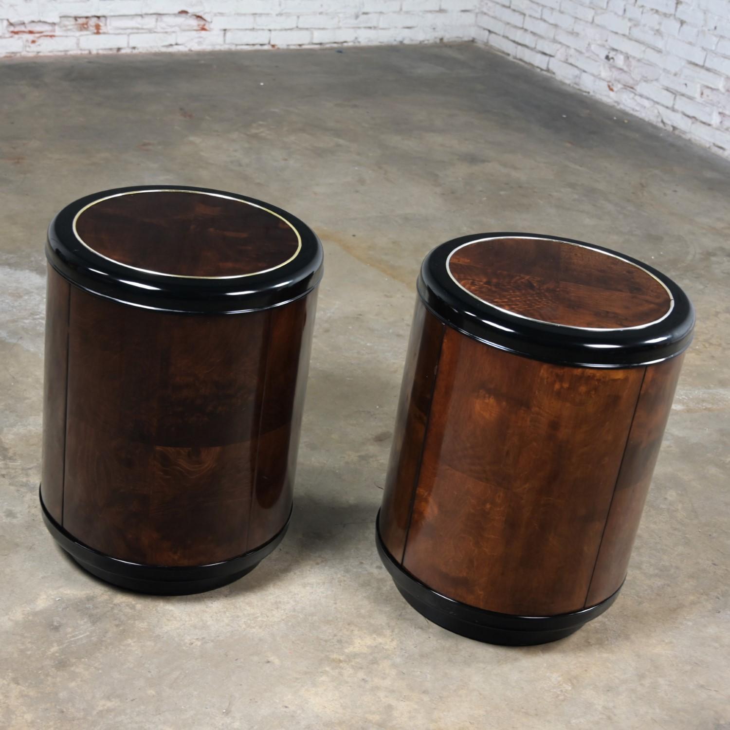 Metal Pair Henredon Modern Black Lacquer & Burl Cylinder End Tables or Nightstands  For Sale