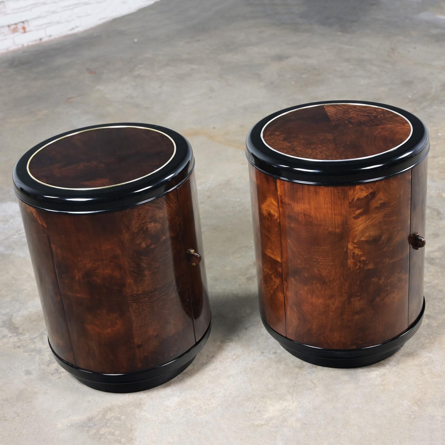 Pair Henredon Modern Black Lacquer & Burl Cylinder End Tables or Nightstands  For Sale 2