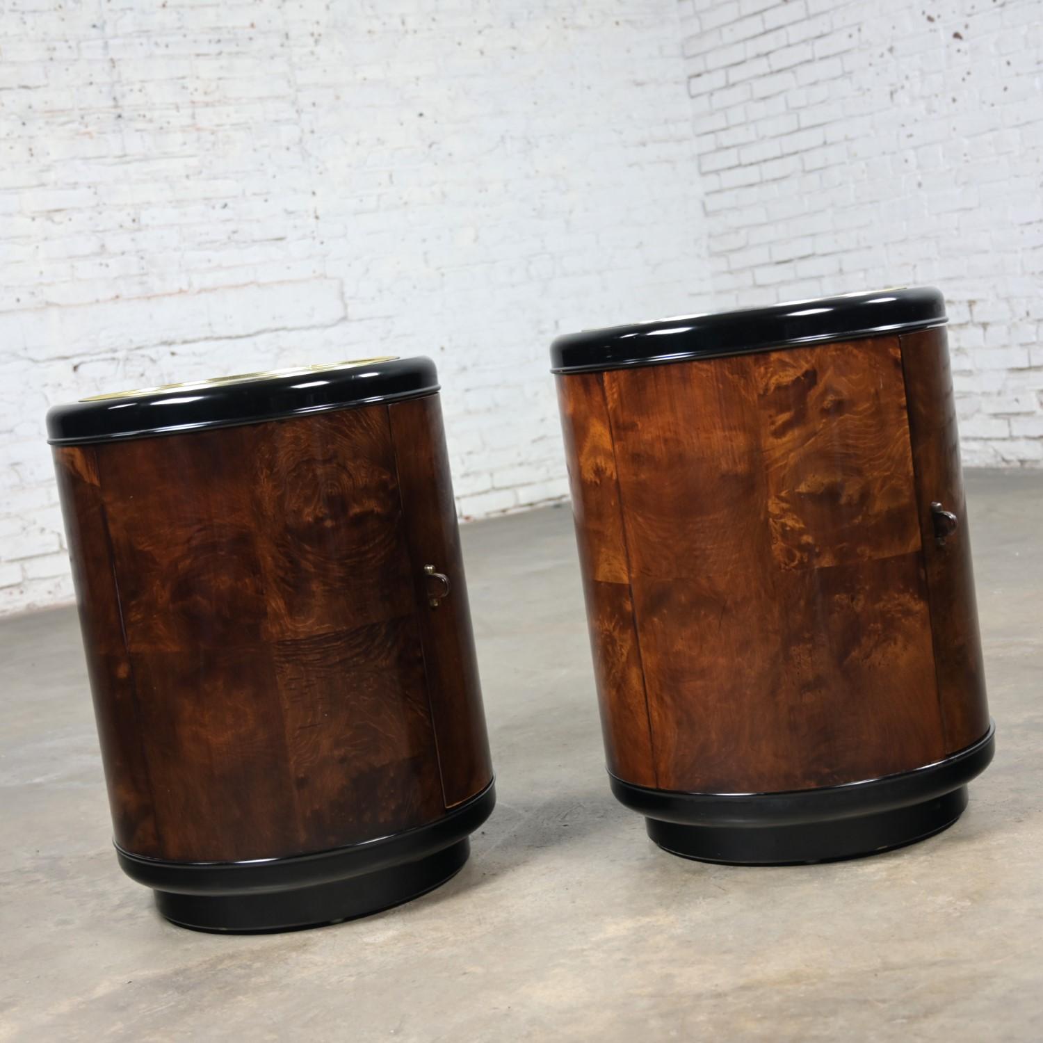 Pair Henredon Modern Black Lacquer & Burl Cylinder End Tables or Nightstands  3
