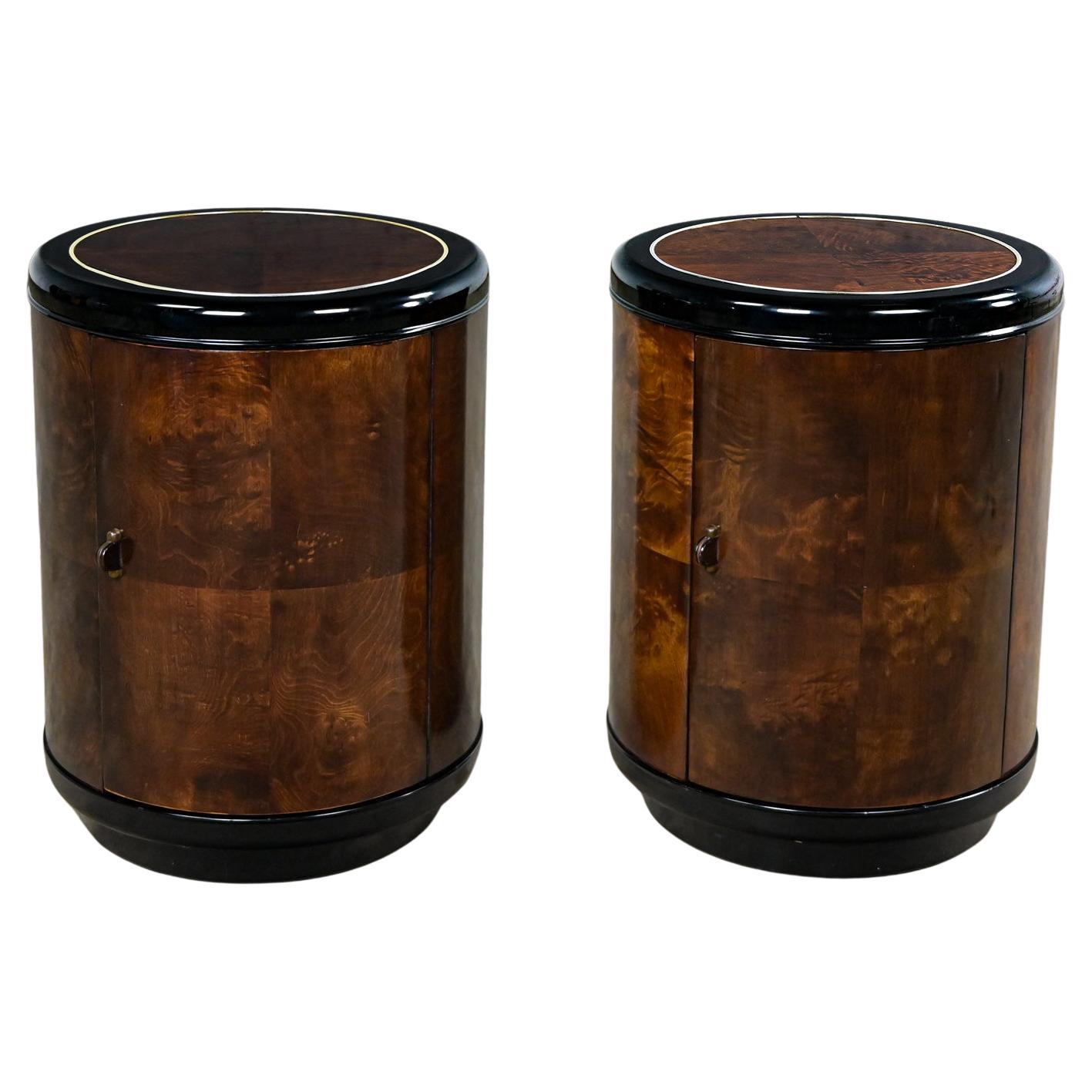 Paar moderne Henredon-Beistelltische oder Nachttische aus schwarzem Lack und Wurzelholz mit Zylindern 