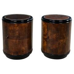 Retro Pair Henredon Modern Black Lacquer & Burl Cylinder End Tables or Nightstands 