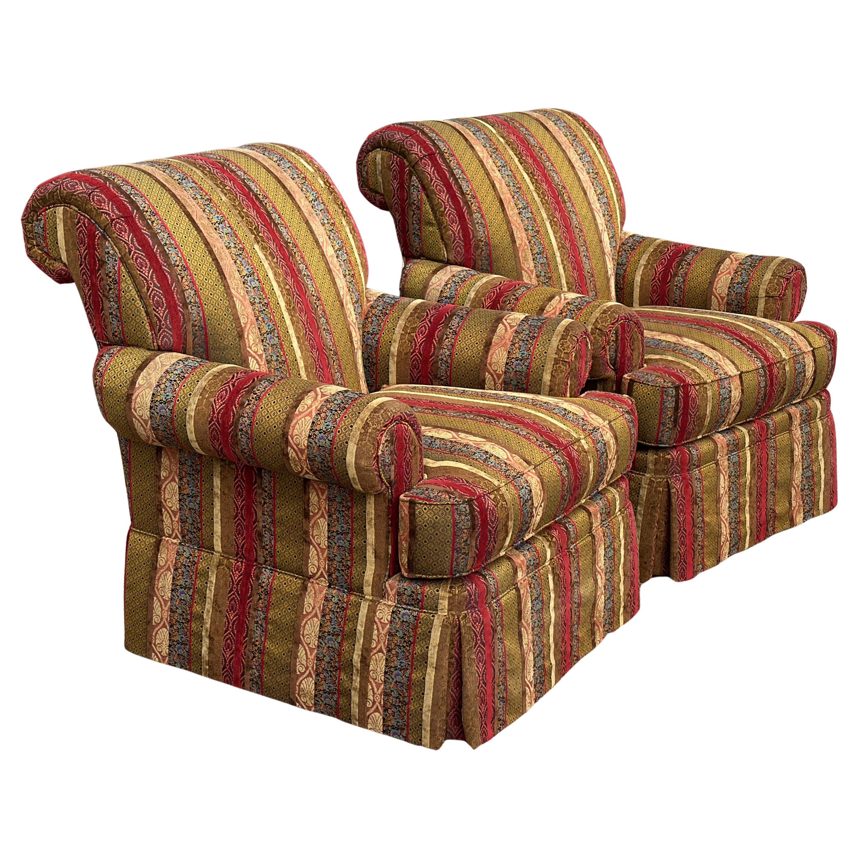 Pair Henredon Striped Patchwork Alexander Lounge Chairs