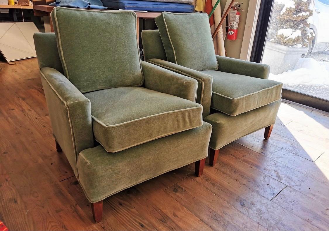 Magnificent, newly upholstered vintage Henredon tuxedo club chairs. The pale green mohair is a showstopper as are the gorgeous lines.