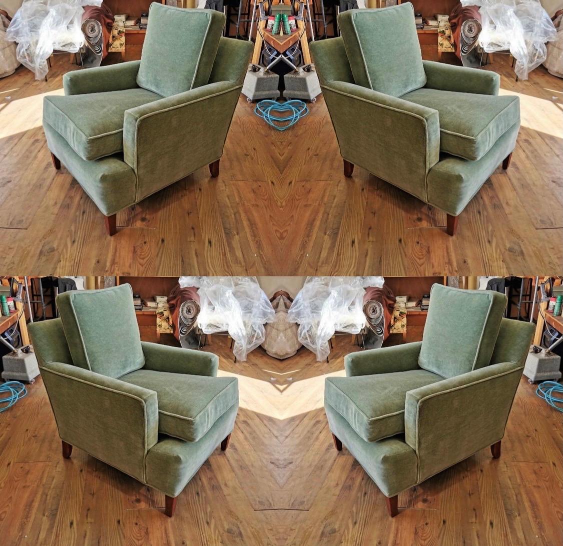 Mid-Century Modern Henredon Tuxedo Club Chairs Newly Upholstered in Pale Green Mohair Fabric, Pair