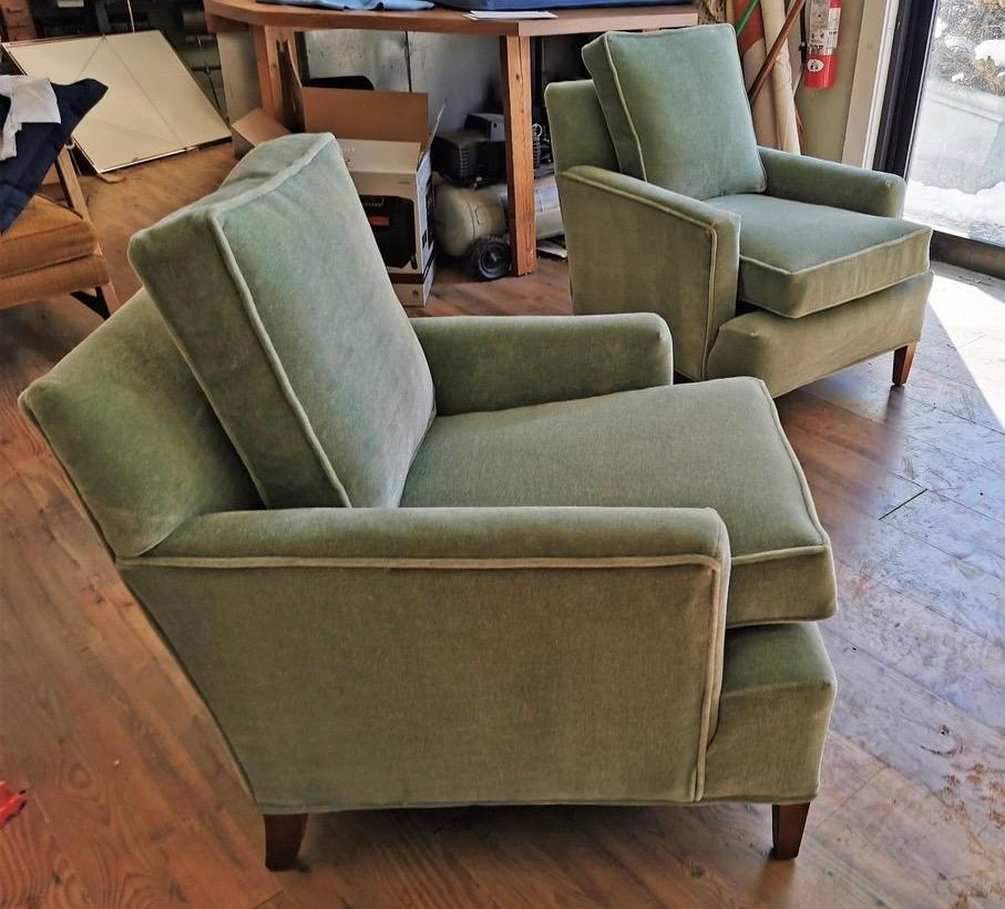 American Henredon Tuxedo Club Chairs Newly Upholstered in Pale Green Mohair Fabric, Pair