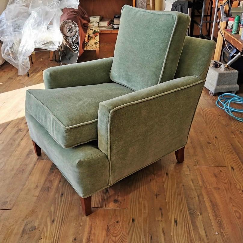 Metal Henredon Tuxedo Club Chairs Newly Upholstered in Pale Green Mohair Fabric, Pair