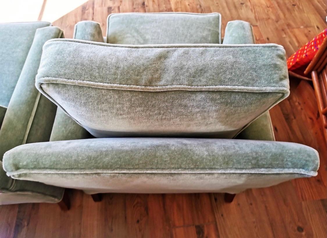 Henredon Tuxedo Club Chairs Newly Upholstered in Pale Green Mohair Fabric, Pair 1