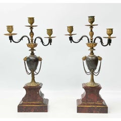Pair Henri Picard French Rouge Marble Gilt & Patinated Bronze Candelabras 19th C