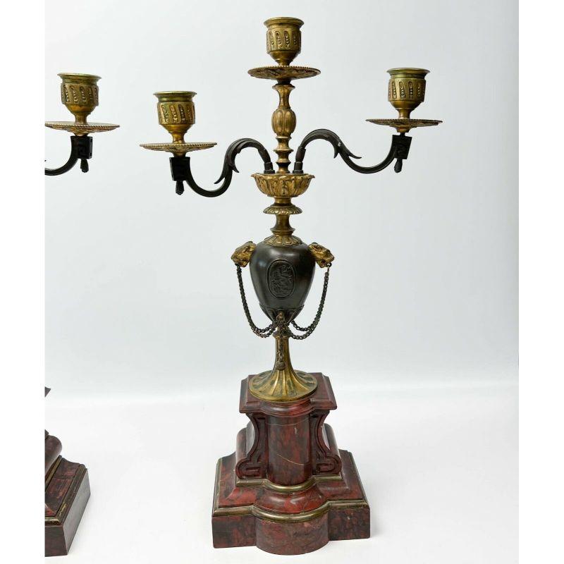 Pair Henri Picard French Rouge Marble Gilt & Patinated Bronze Candelabras 19th C In Good Condition For Sale In Gardena, CA