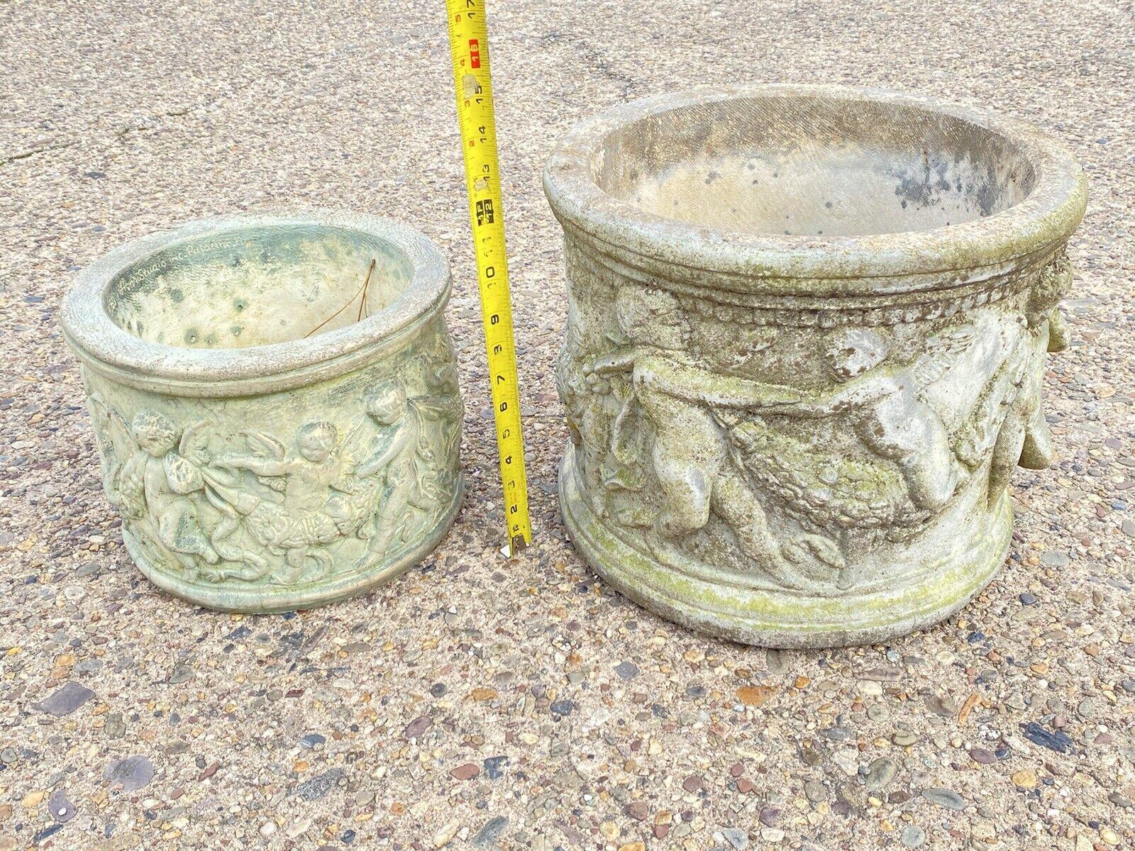 Pair Henri Studio Concrete Cement Round Classical Cherub Garden Planter Pot In Good Condition In Philadelphia, PA