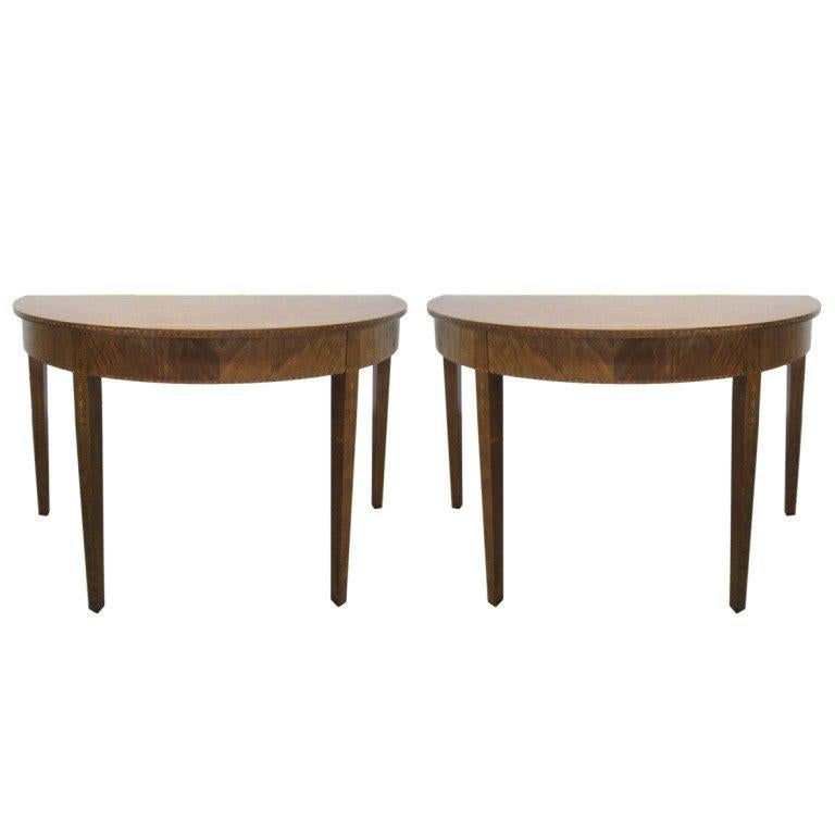 Pair Hepplewhite Style Inlaid Demi Lune Console Tables