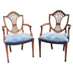 Pair Hepplewhite Style Mahogany and Upholstered Shield Back Armchairs