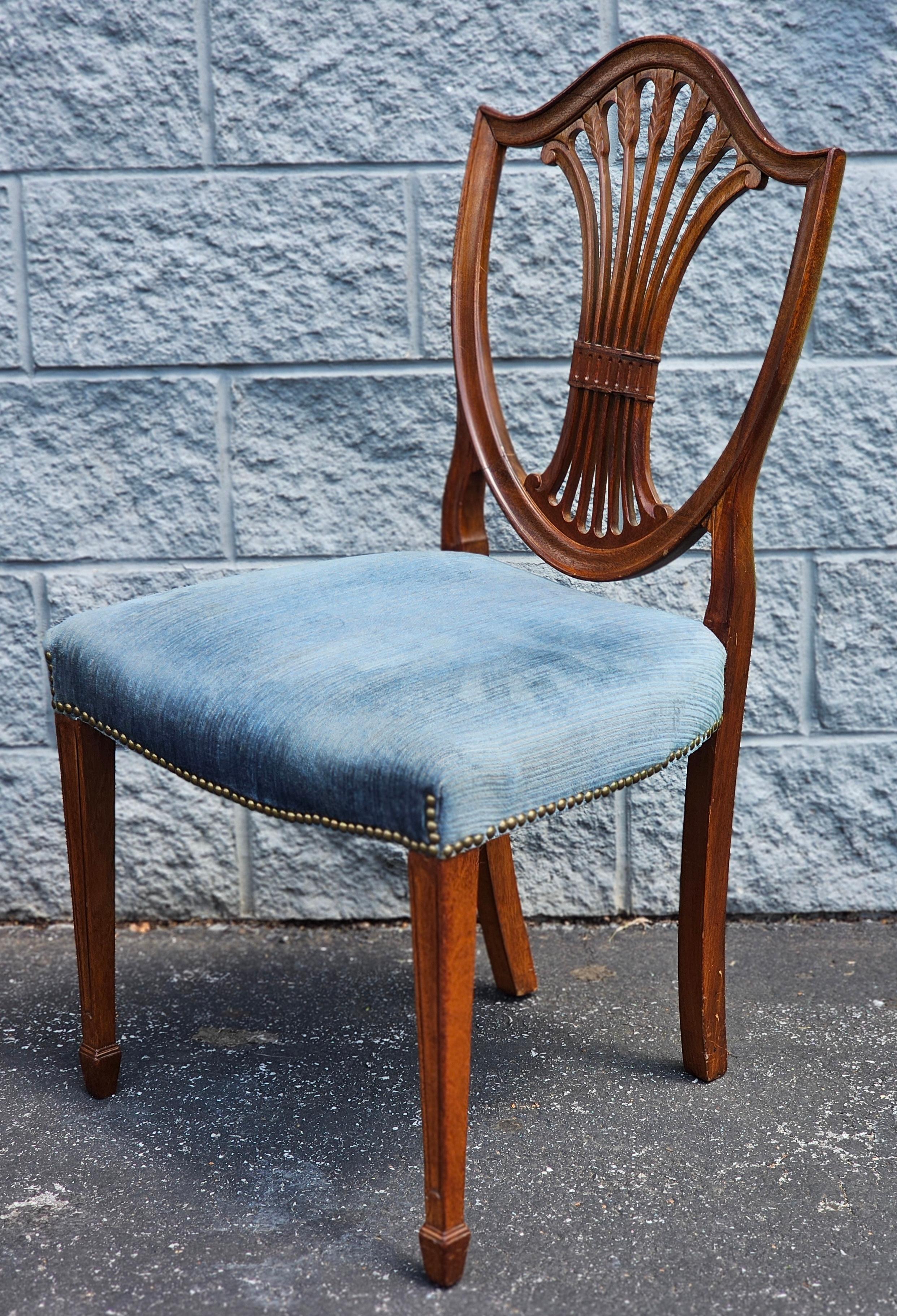 Pair Hepplewhite Style Mahogany and Upholstered Shield Back Side Chairs For Sale 3