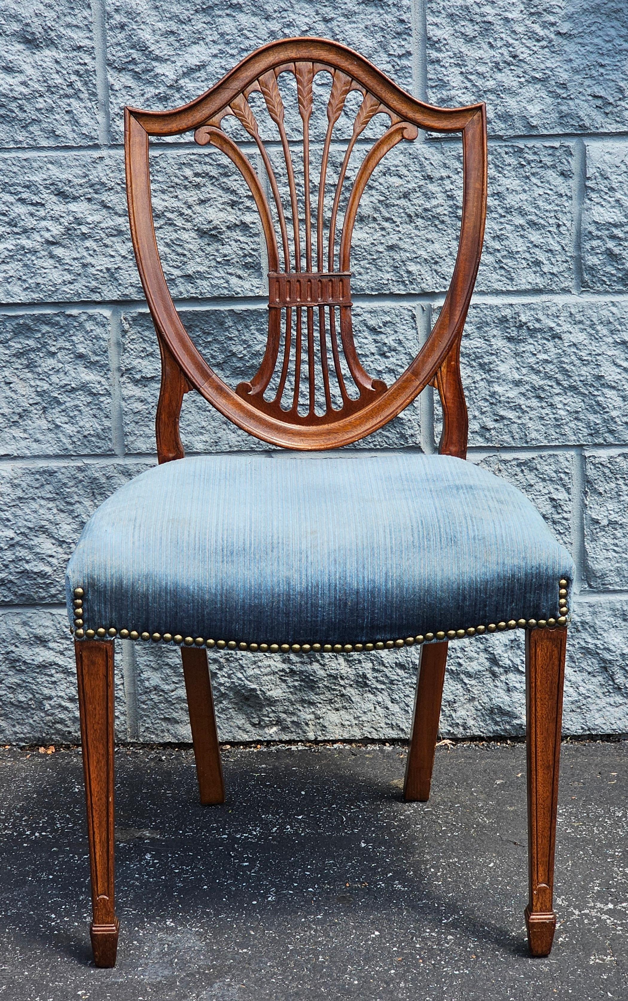 Pair Hepplewhite Style Mahogany and Upholstered Shield Back Side Chairs For Sale 4