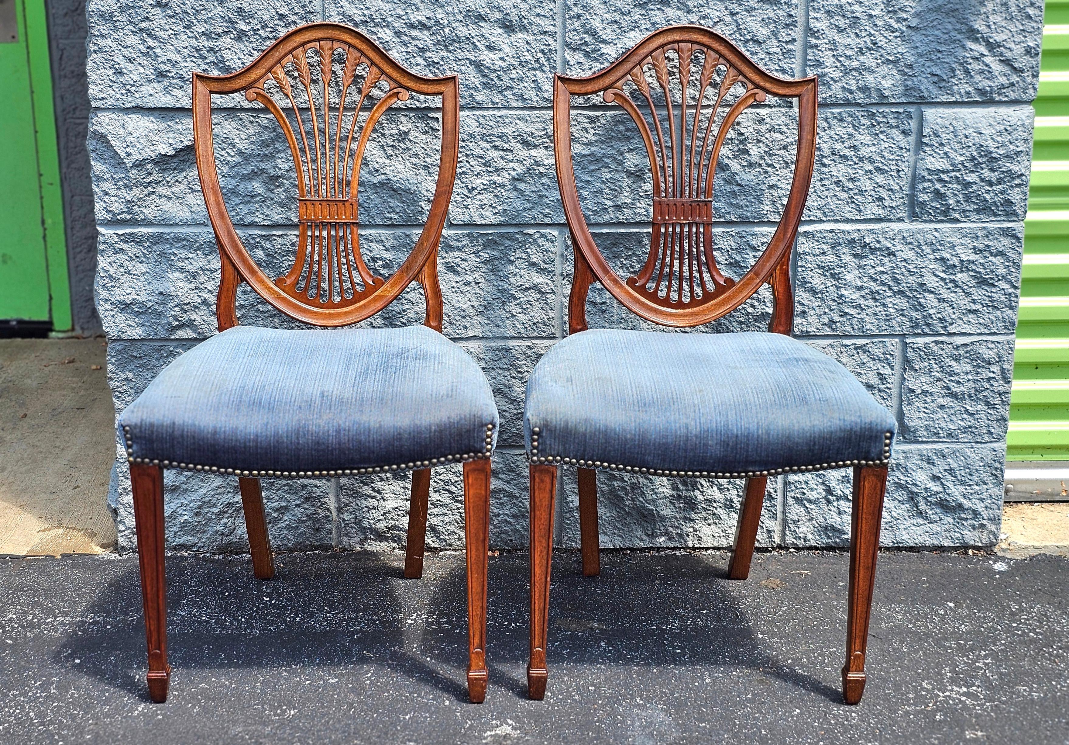 American Pair Hepplewhite Style Mahogany and Upholstered Shield Back Side Chairs For Sale