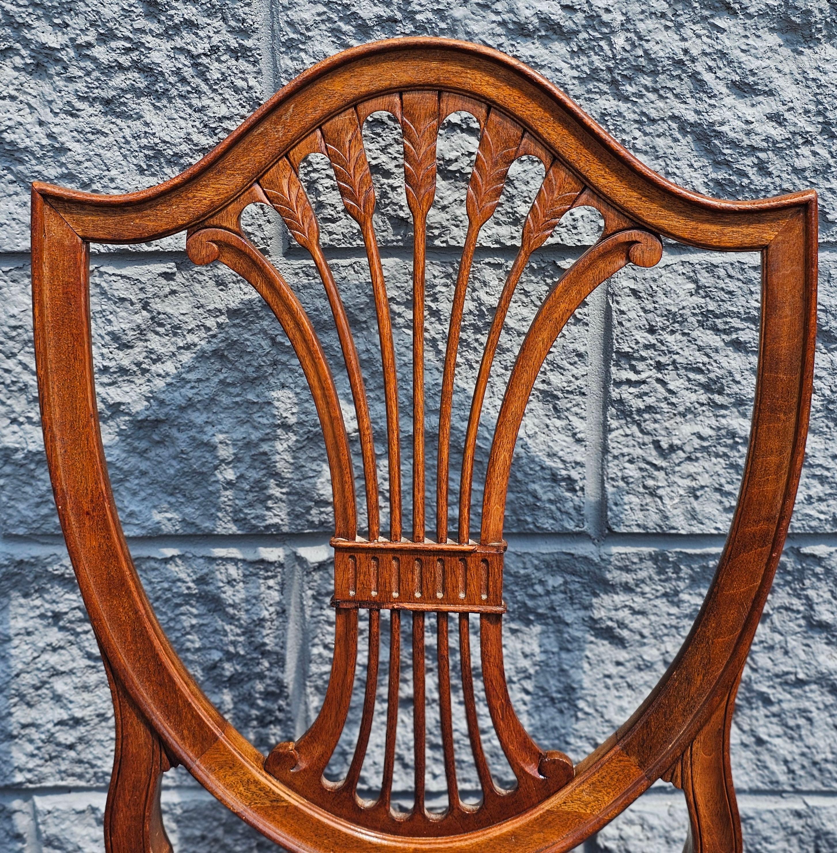 Carved Pair Hepplewhite Style Mahogany and Upholstered Shield Back Side Chairs For Sale