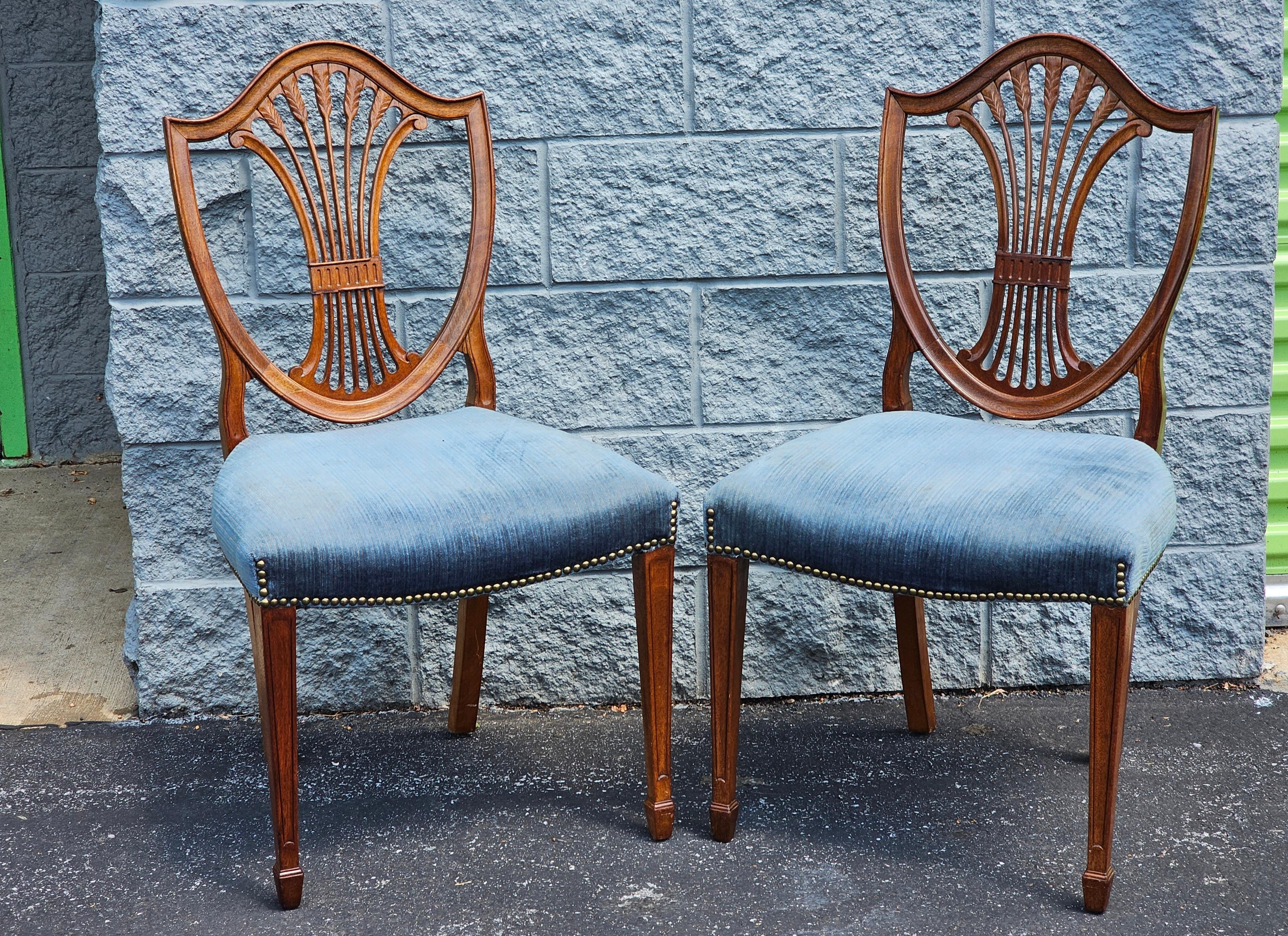 20th Century Pair Hepplewhite Style Mahogany and Upholstered Shield Back Side Chairs For Sale