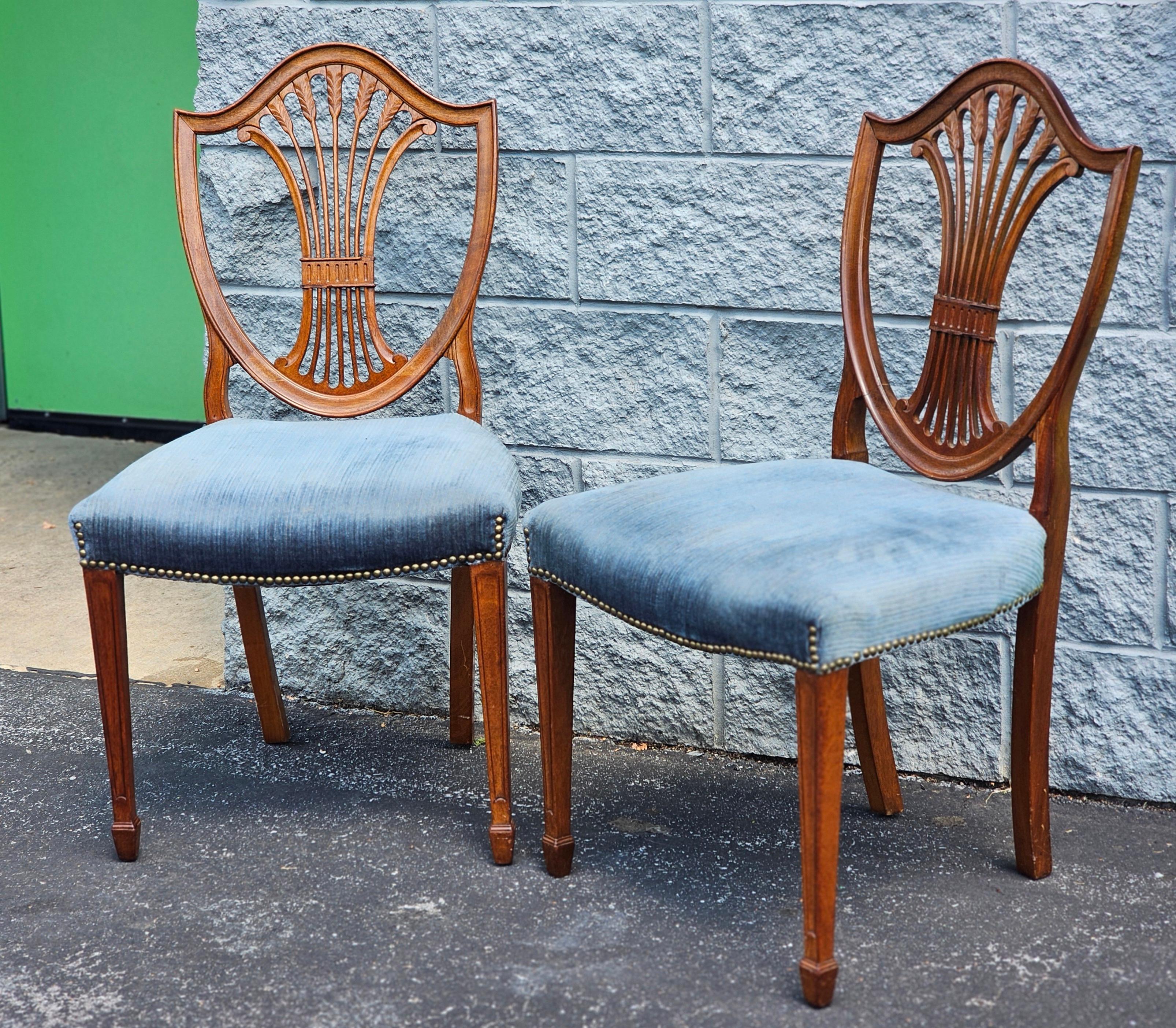 Upholstery Pair Hepplewhite Style Mahogany and Upholstered Shield Back Side Chairs For Sale