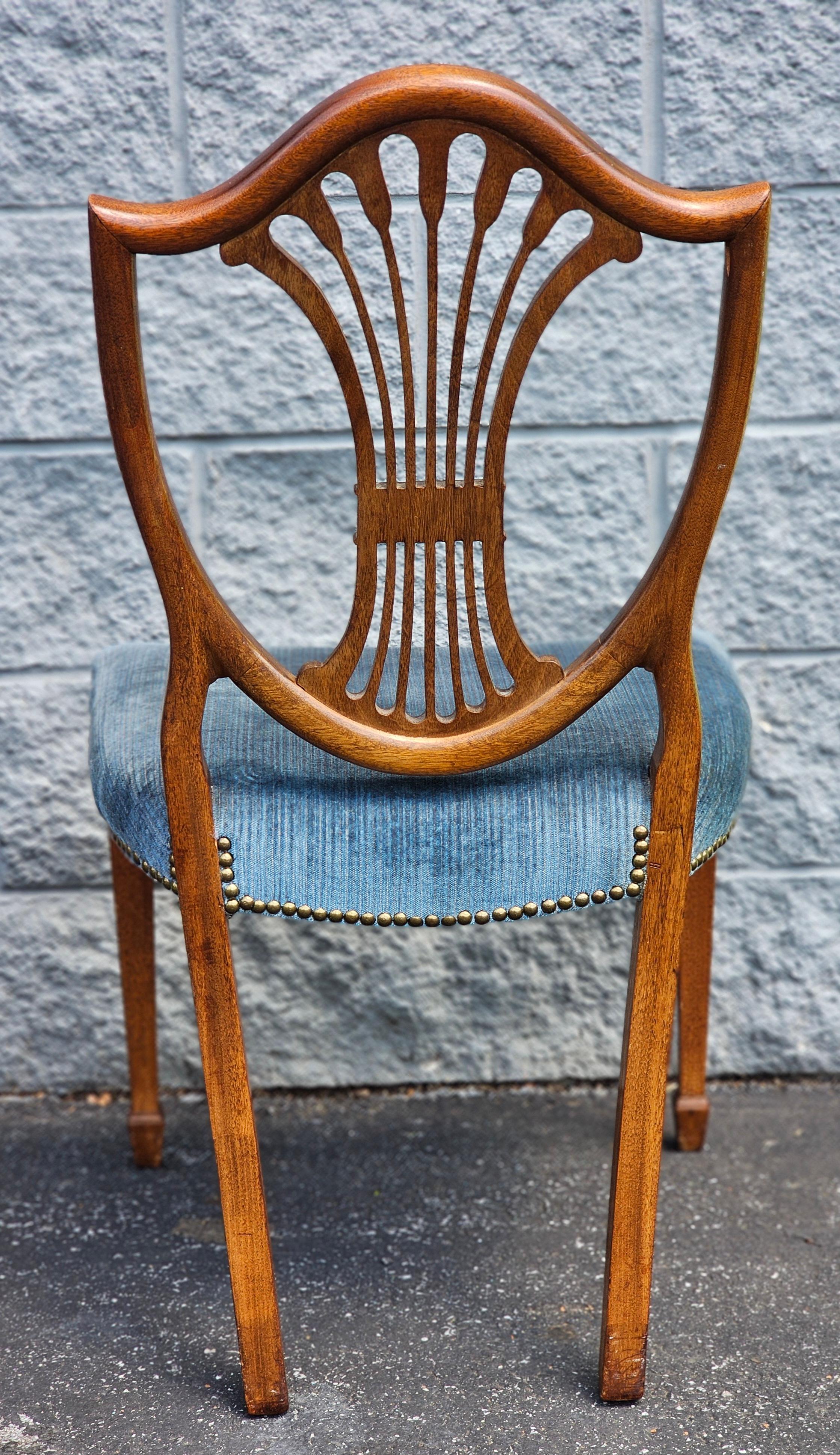 Pair Hepplewhite Style Mahogany and Upholstered Shield Back Side Chairs For Sale 1