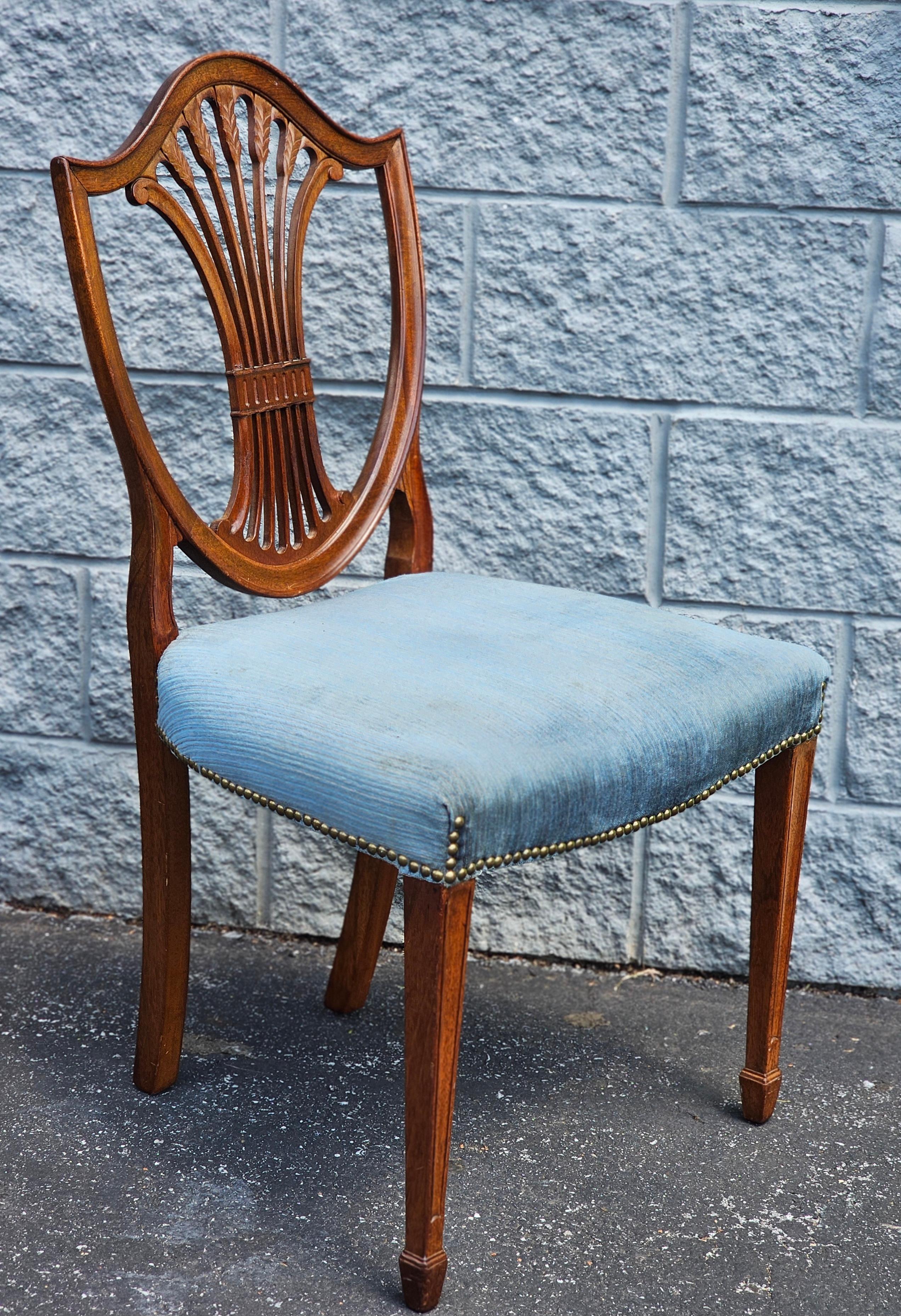 Pair Hepplewhite Style Mahogany and Upholstered Shield Back Side Chairs For Sale 2