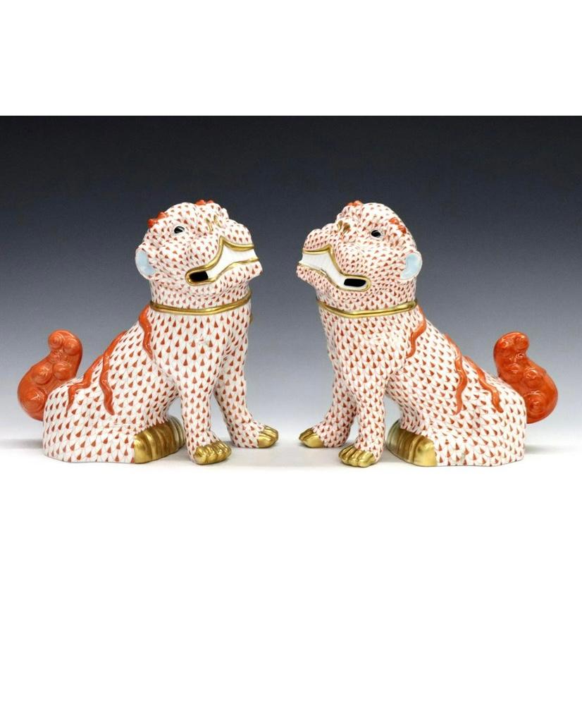 Hand-Crafted Pair Herend Foo Dog Figurines Tall & Largest Size. Rare Artist Signed Edition
