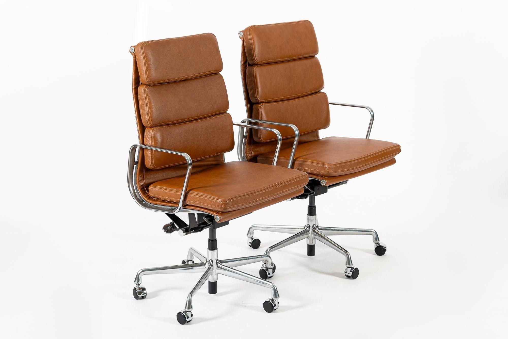 Pair Herman Miller Eames Tall Brown Leather Desk Chair Soft Pad For Sale 4