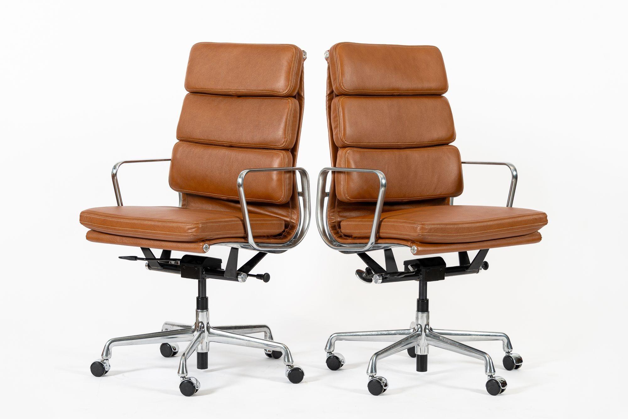 Pair Herman Miller Eames Tall Brown Leather Desk Chair Soft Pad For Sale 5