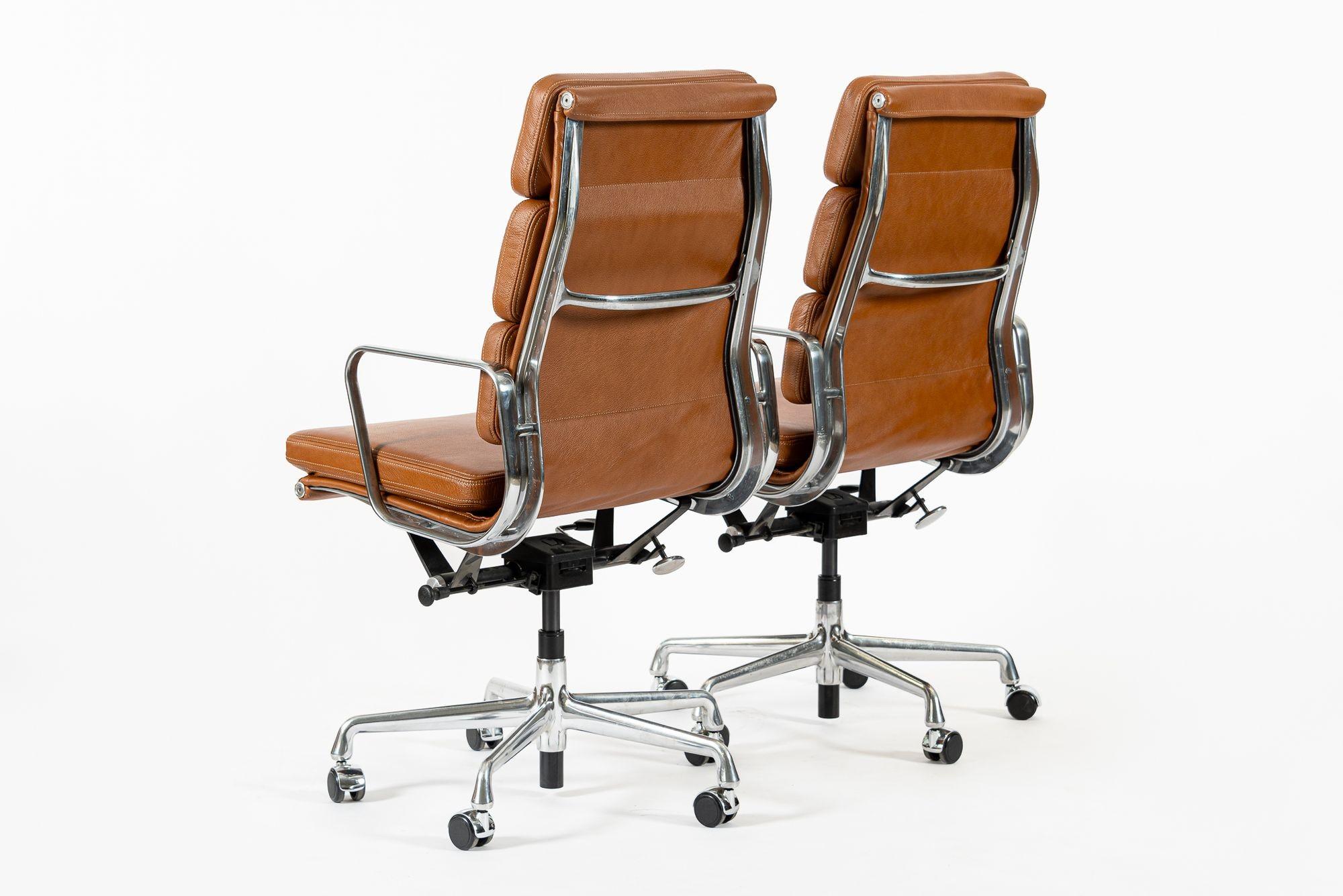Pair Herman Miller Eames Tall Brown Leather Desk Chair Soft Pad For Sale 6