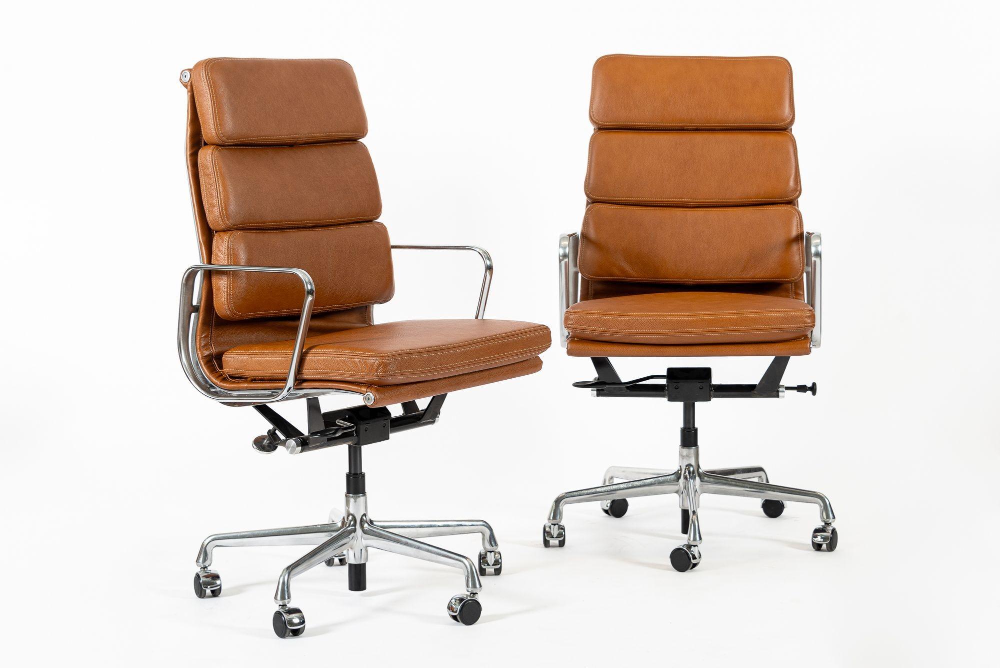 Mid-Century Modern Pair Herman Miller Eames Tall Brown Leather Desk Chair Soft Pad For Sale