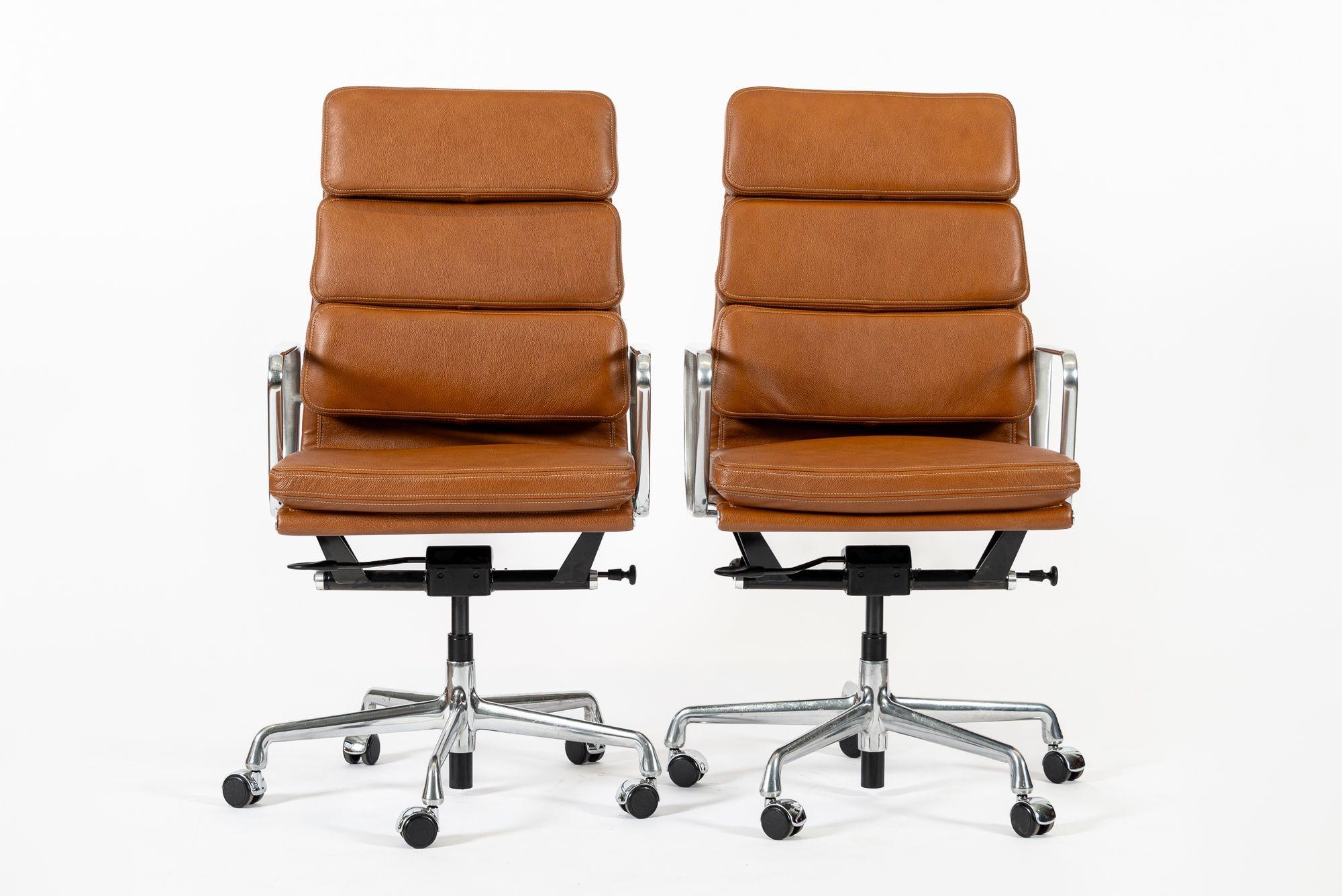 American Pair Herman Miller Eames Tall Brown Leather Desk Chair Soft Pad For Sale