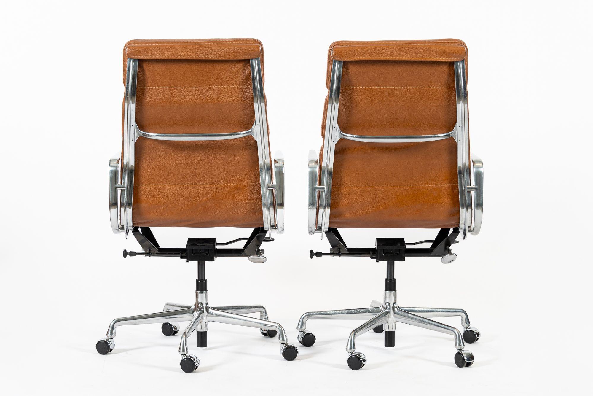 Pair Herman Miller Eames Tall Brown Leather Desk Chair Soft Pad In Good Condition For Sale In Detroit, MI