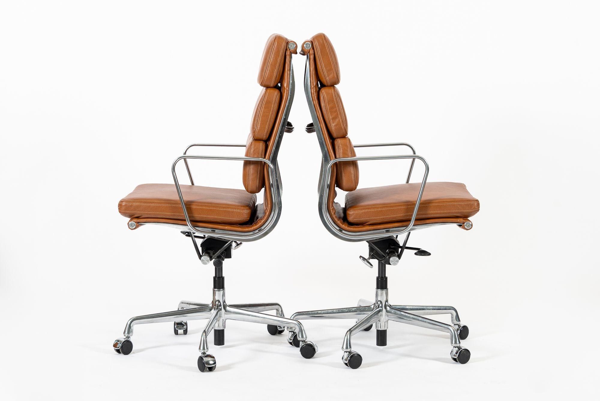 Contemporary Pair Herman Miller Eames Tall Brown Leather Desk Chair Soft Pad For Sale