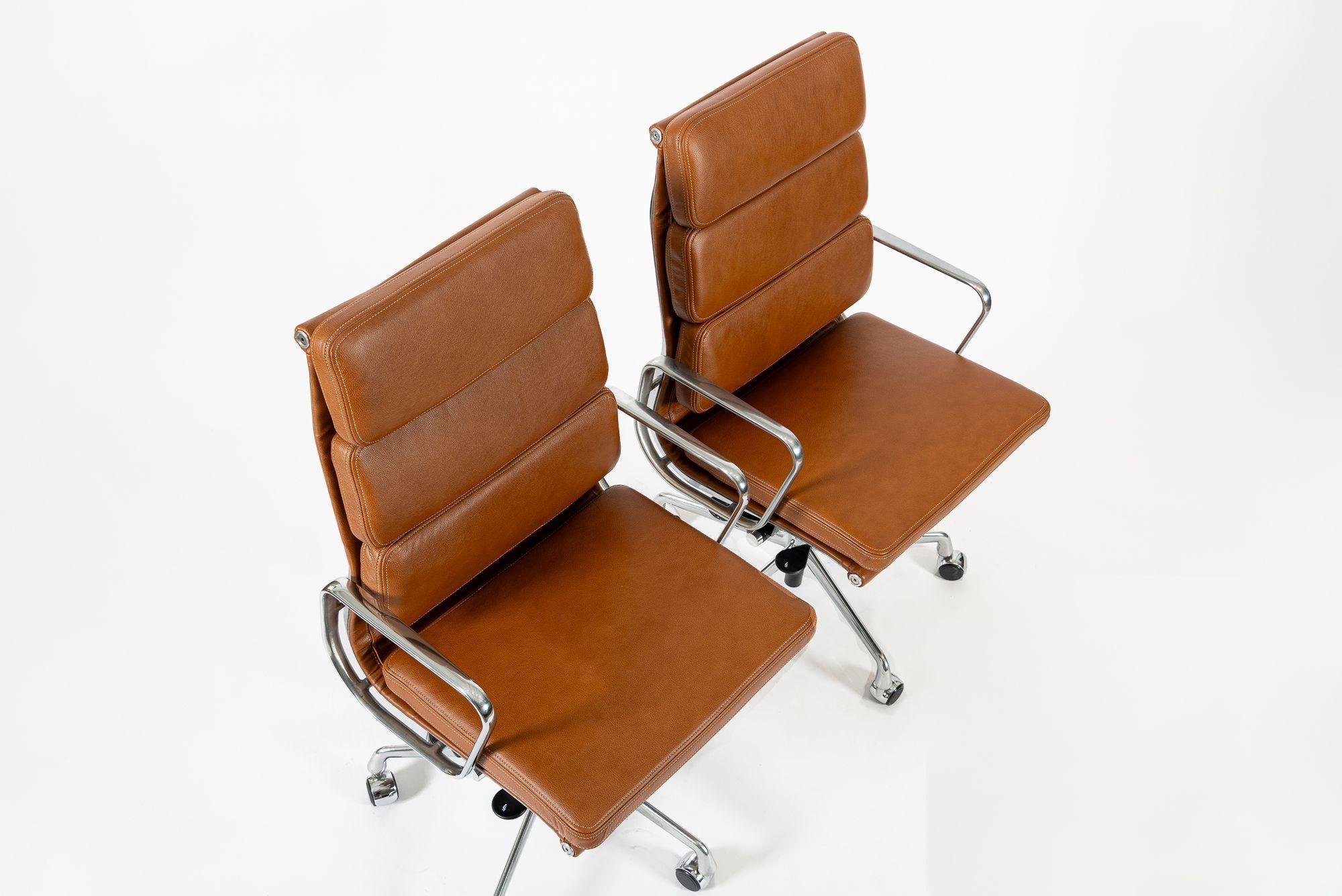 Aluminum Pair Herman Miller Eames Tall Brown Leather Desk Chair Soft Pad For Sale