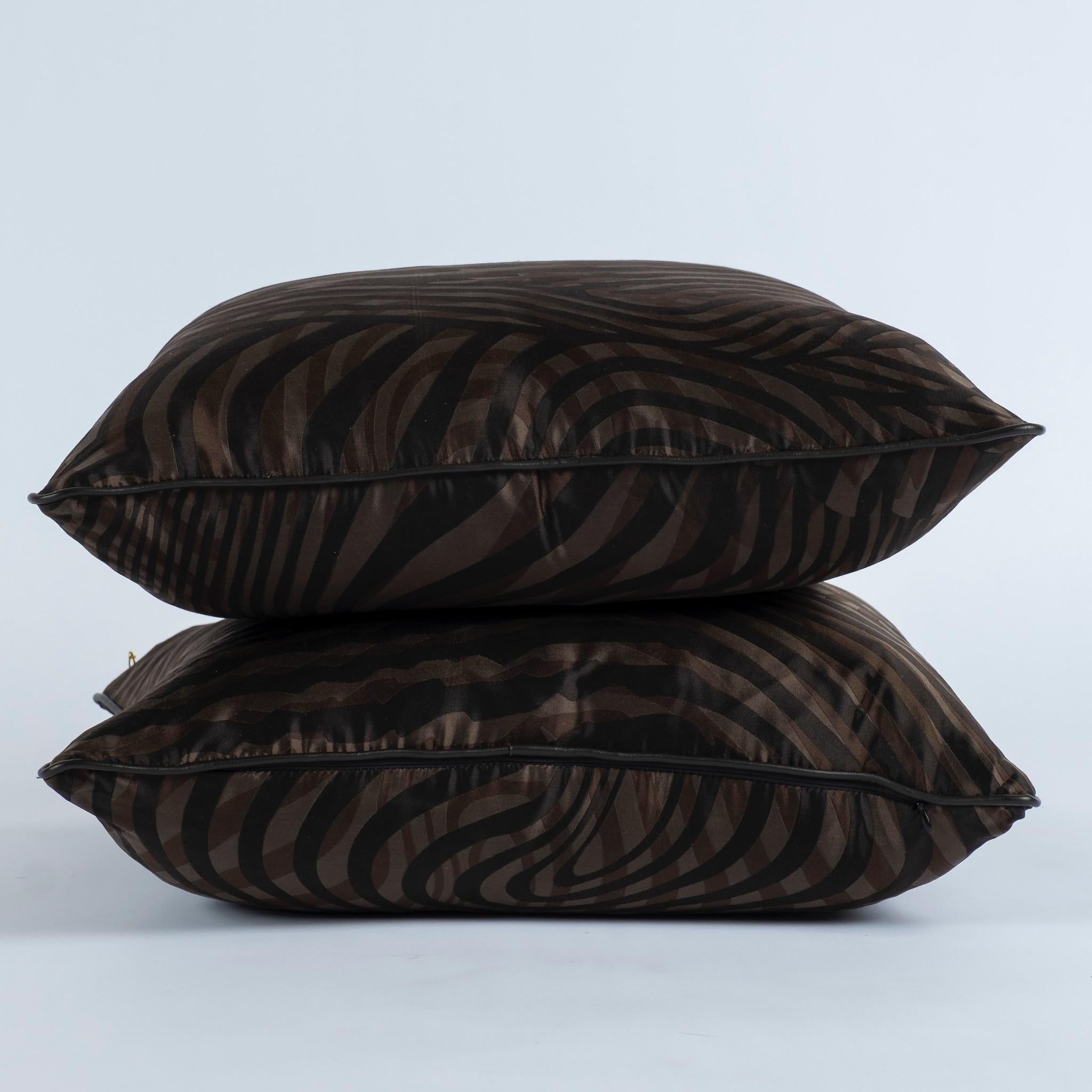 Modern Pair Hermès Black Espresso Zebra Silk Pillows With Leather Trim For Sale