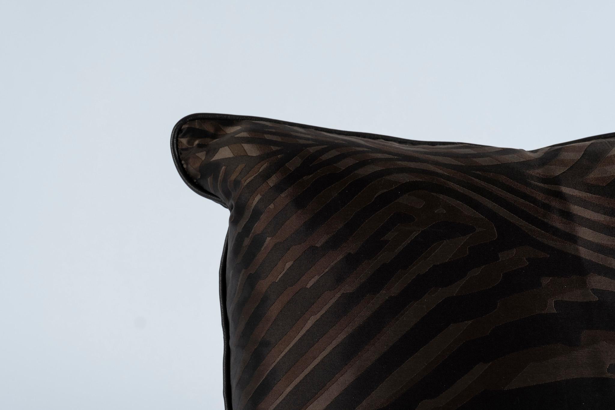 Pair Hermès Black Espresso Zebra Silk Pillows With Leather Trim In New Condition For Sale In Houston, TX