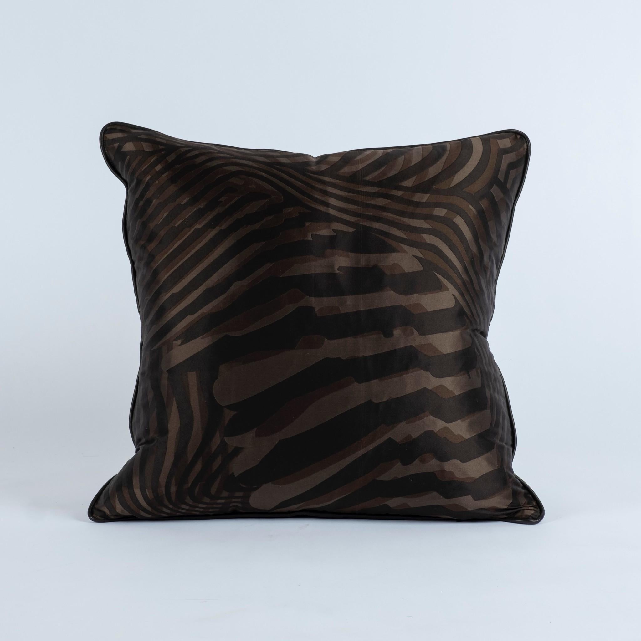 Pair Hermès Black Espresso Zebra Silk Pillows With Leather Trim For Sale 1