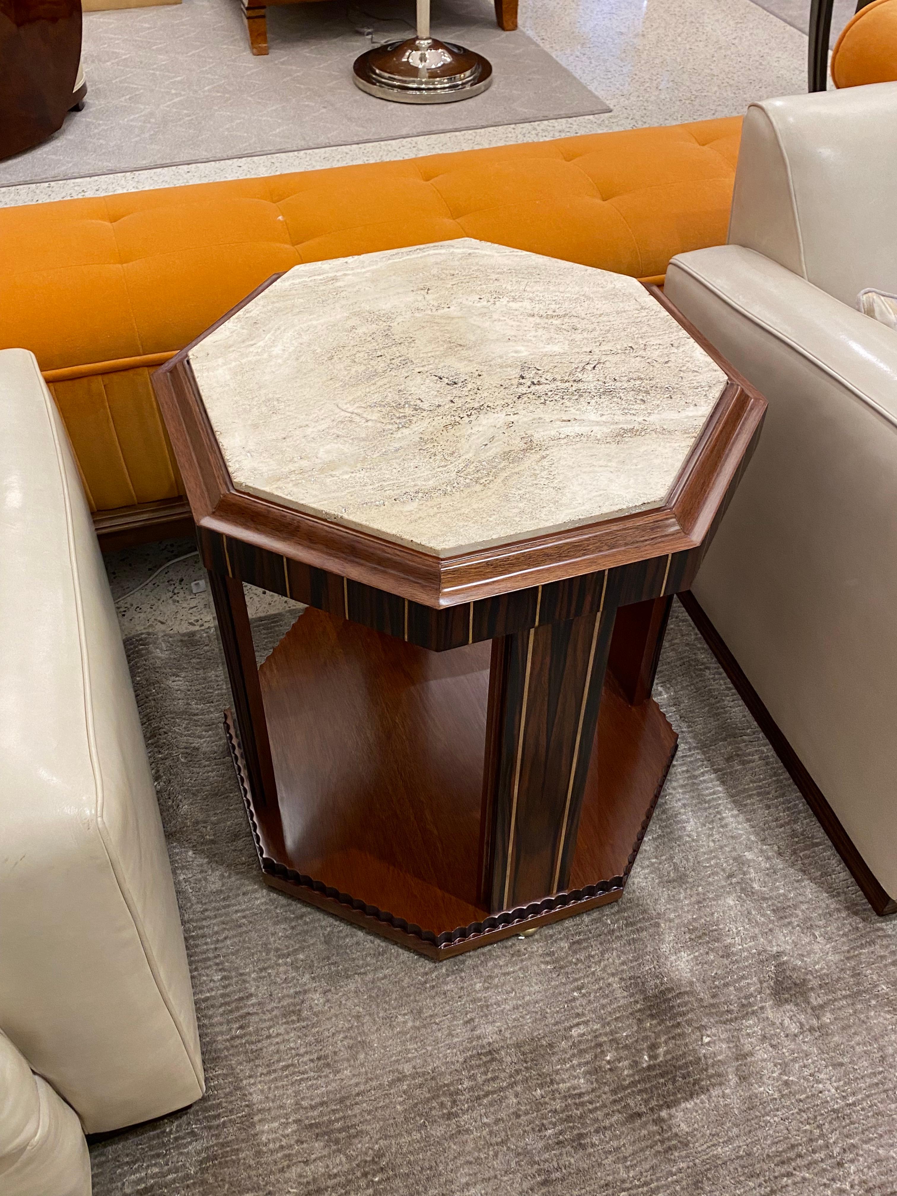Mid-Century Modern Mid-Century Pair of Hexagonal Side Tables in Makassar Wood and Travertine Top
