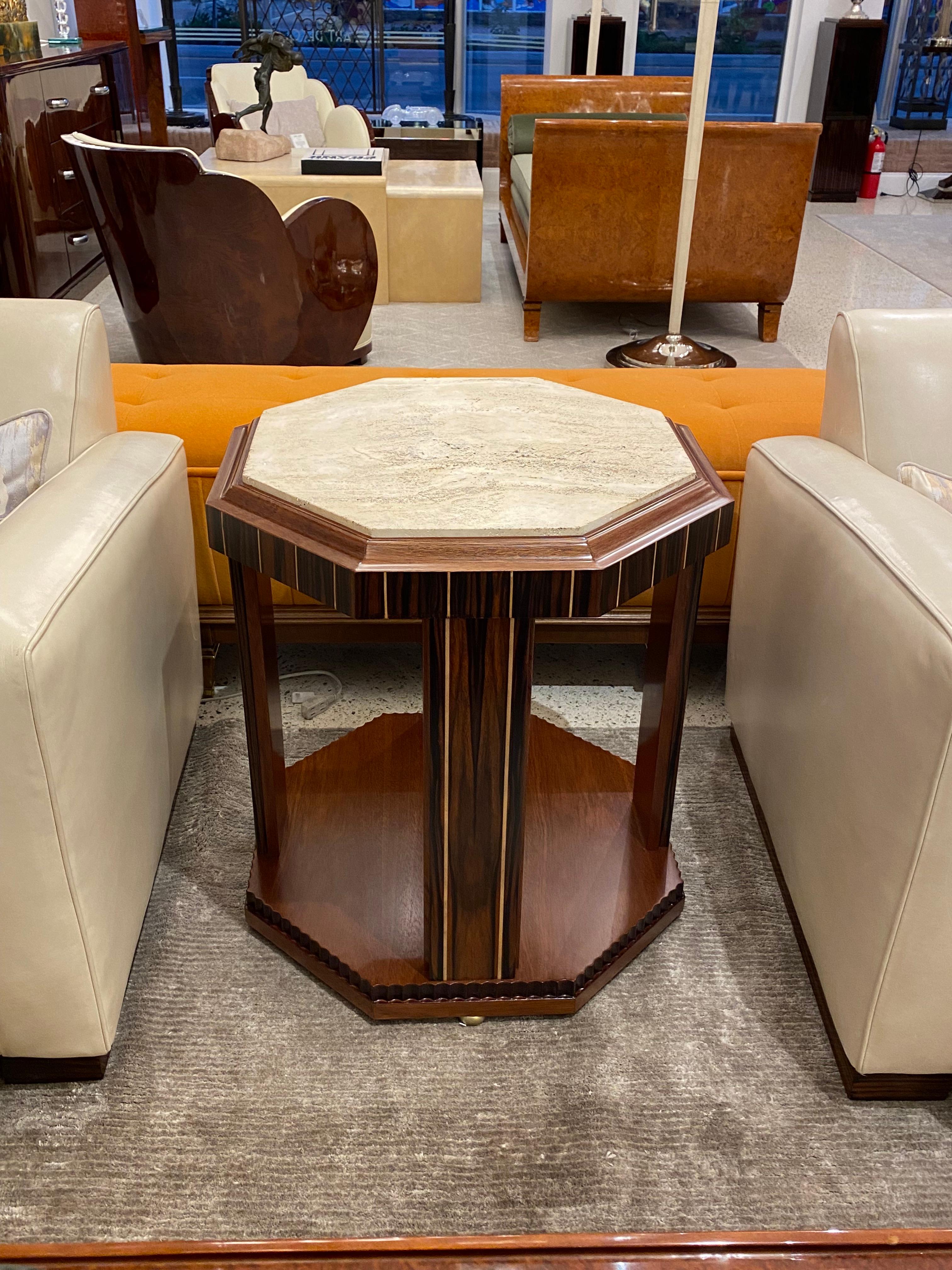 French Mid-Century Pair of Hexagonal Side Tables in Makassar Wood and Travertine Top