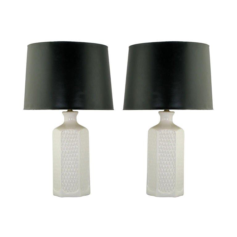 Pair Hexagonal White Ceramic Table Lamps With Geometric Relief For Sale