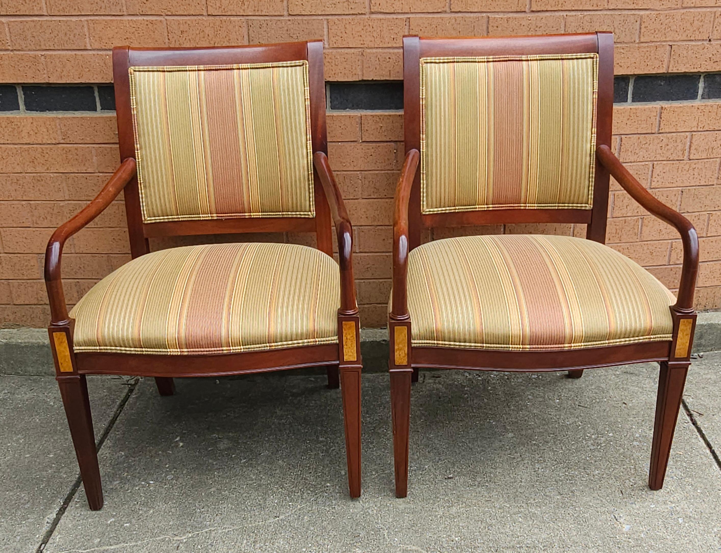 Pair of Hickory Chair Furniture Federal Style Upholstered Mahogany Armchairs in great vintage condition.
Measures 25