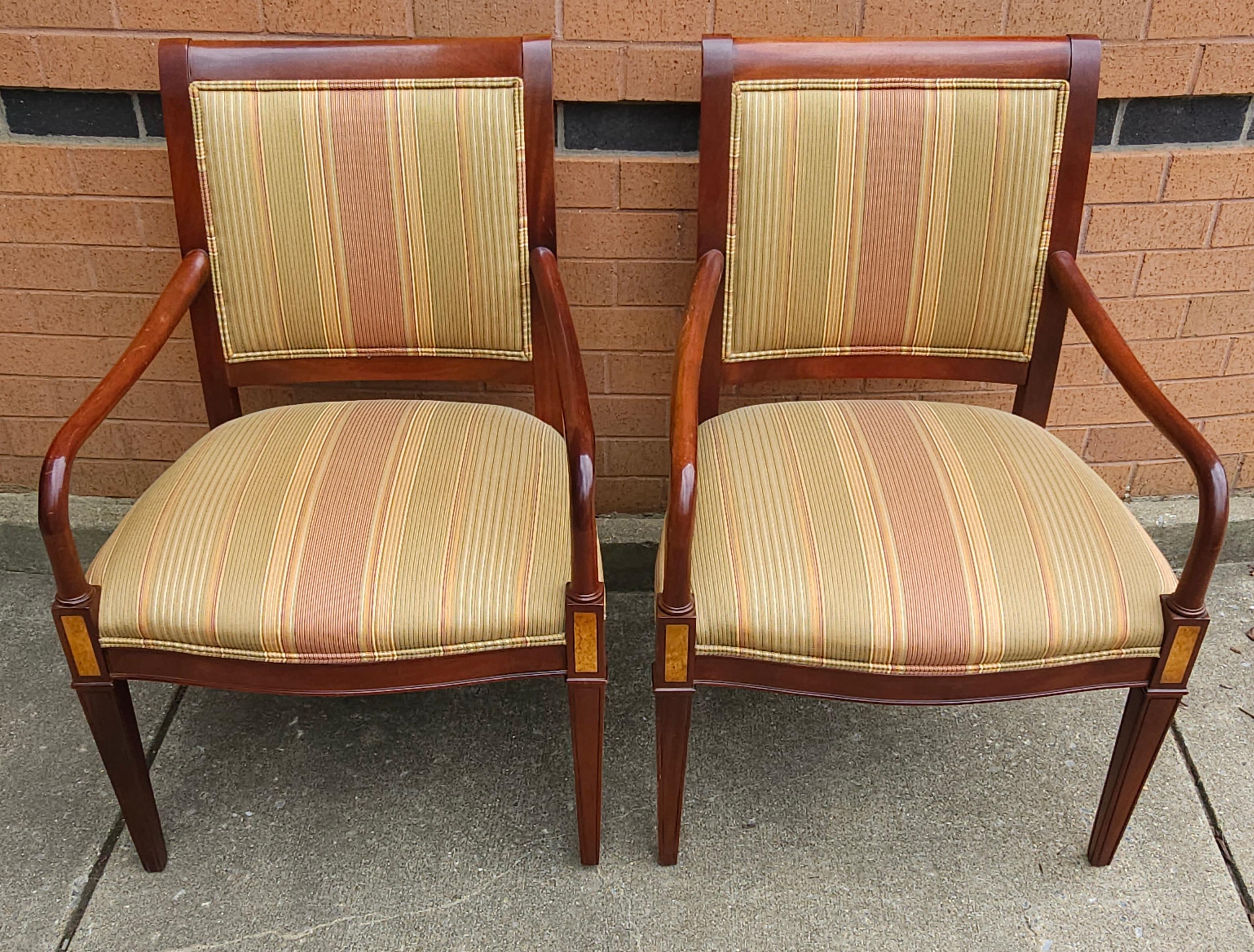 American Pair Hickory Chair Federal Style Mahogany & Inlay Upholstered Mahogany Armchairs For Sale