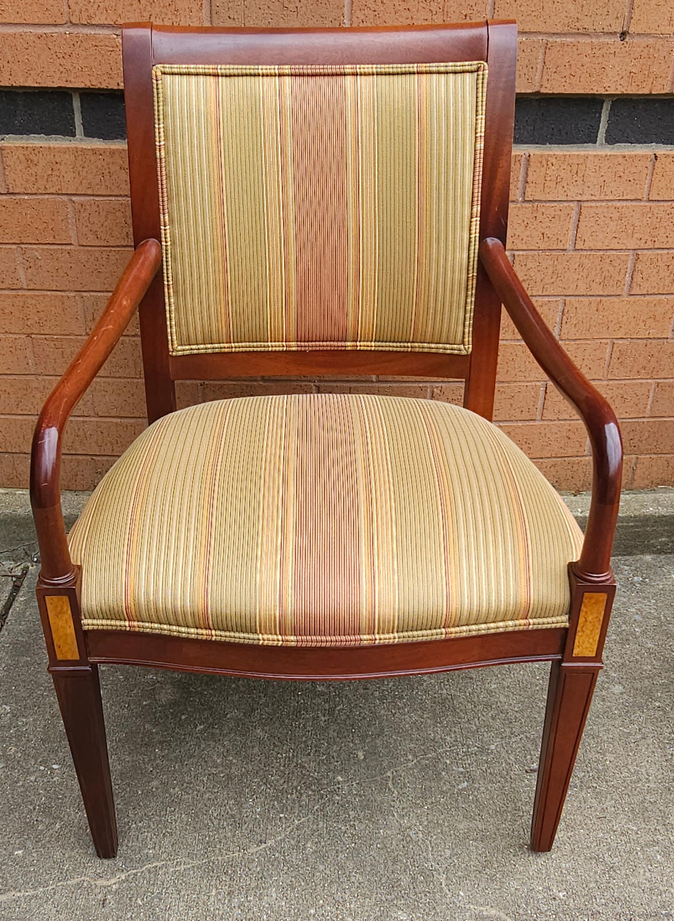 Pair Hickory Chair Federal Style Mahogany & Inlay Upholstered Mahogany Armchairs In Good Condition For Sale In Germantown, MD