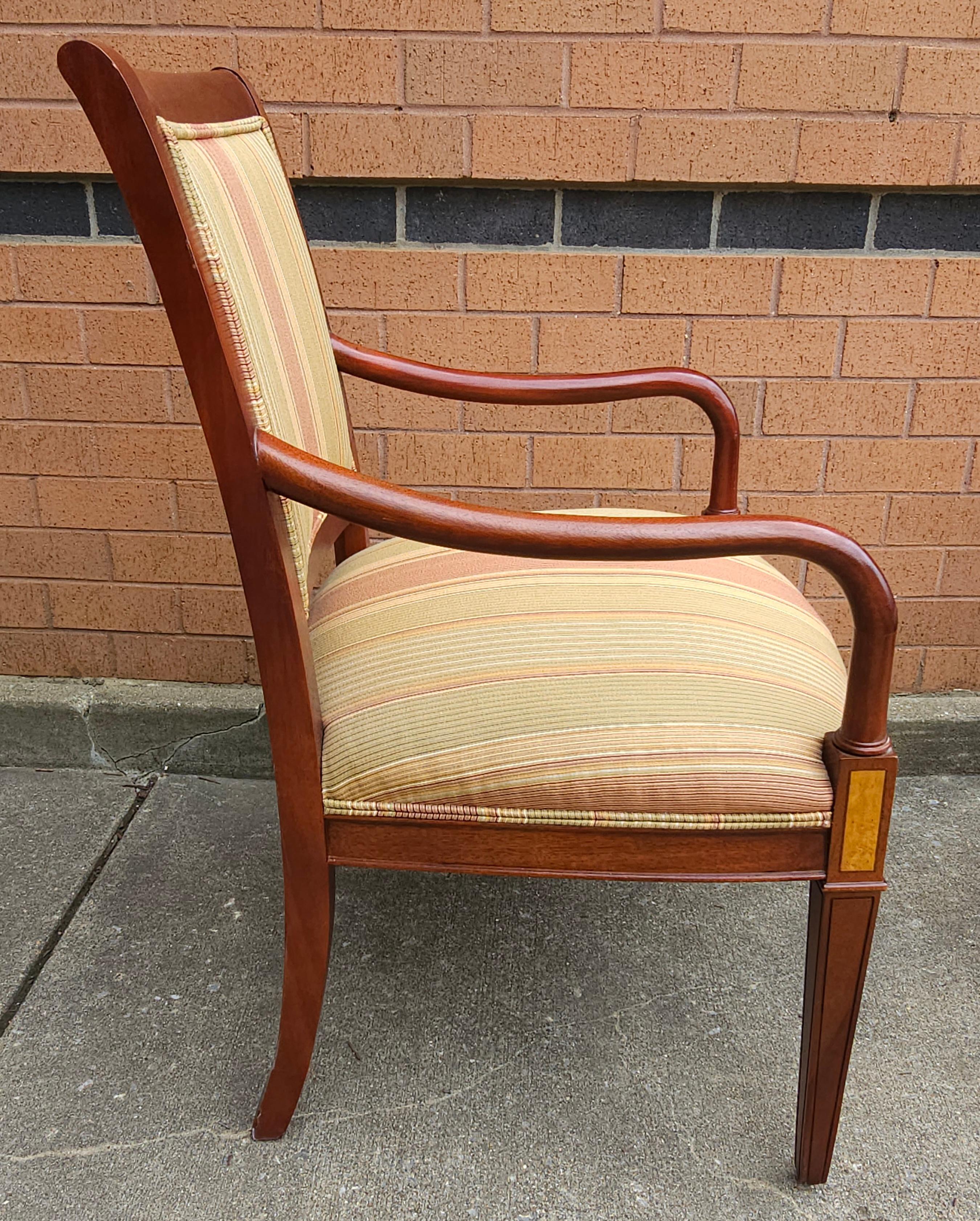 20th Century Pair Hickory Chair Federal Style Mahogany & Inlay Upholstered Mahogany Armchairs For Sale