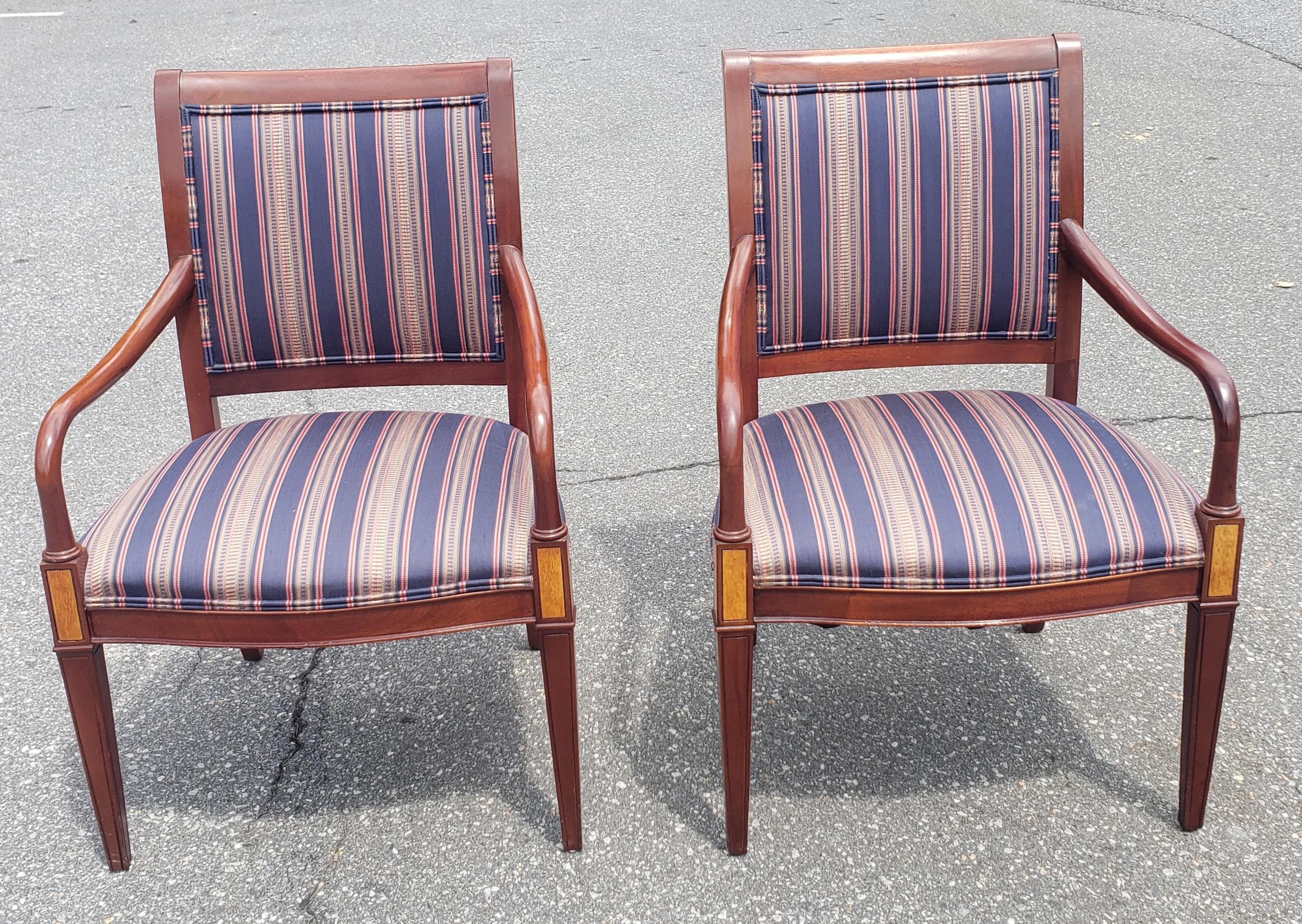 Pair of Hickory Chair Furniture Federal Style Upholstered Mahogany Armchairs in great vintage condition.
Measures 25