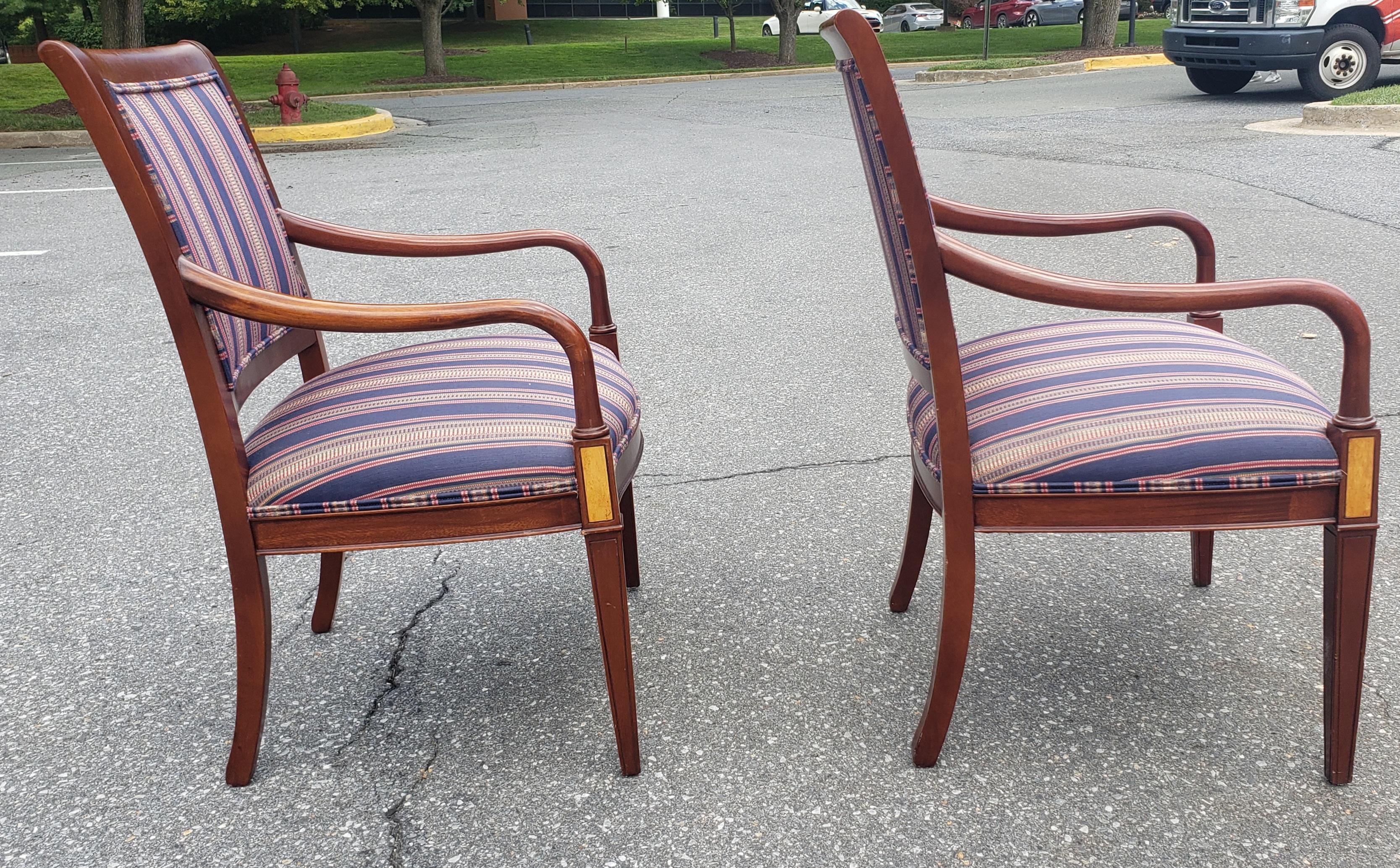 Pair Hickory Chair Federal Style Upholstered Mahogany Armchairs In Good Condition In Germantown, MD